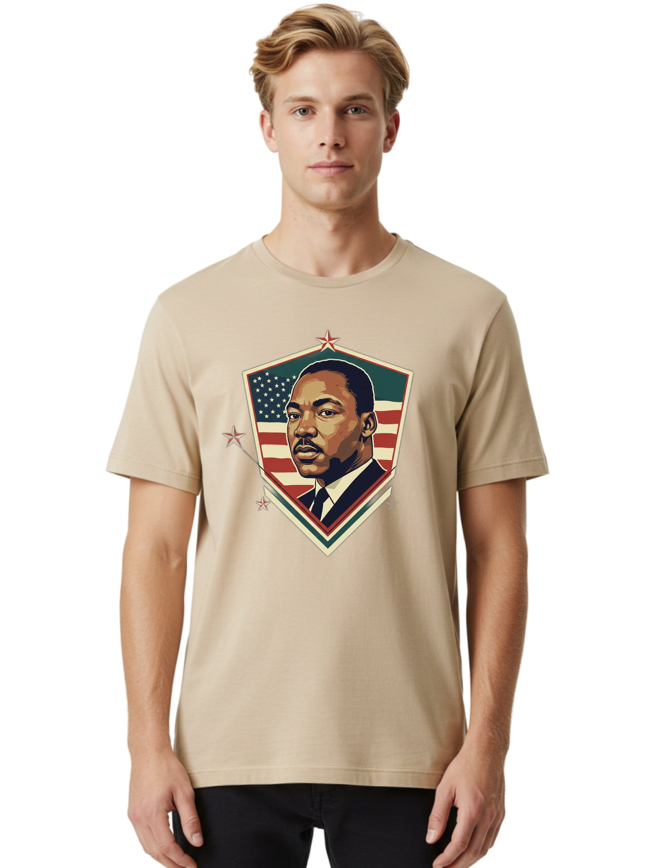Martin-Luther-King-Jr-Shield Men'S Graphic Tee, 100% Cotton, Comfortable Casual Summer Wear, Machine Washable, Martin Luther King Jr. Portrait, American Flag, Patriotic Symbol, Civil Rights Leader, Iconic Figure, Freedom Fighter, Bac178