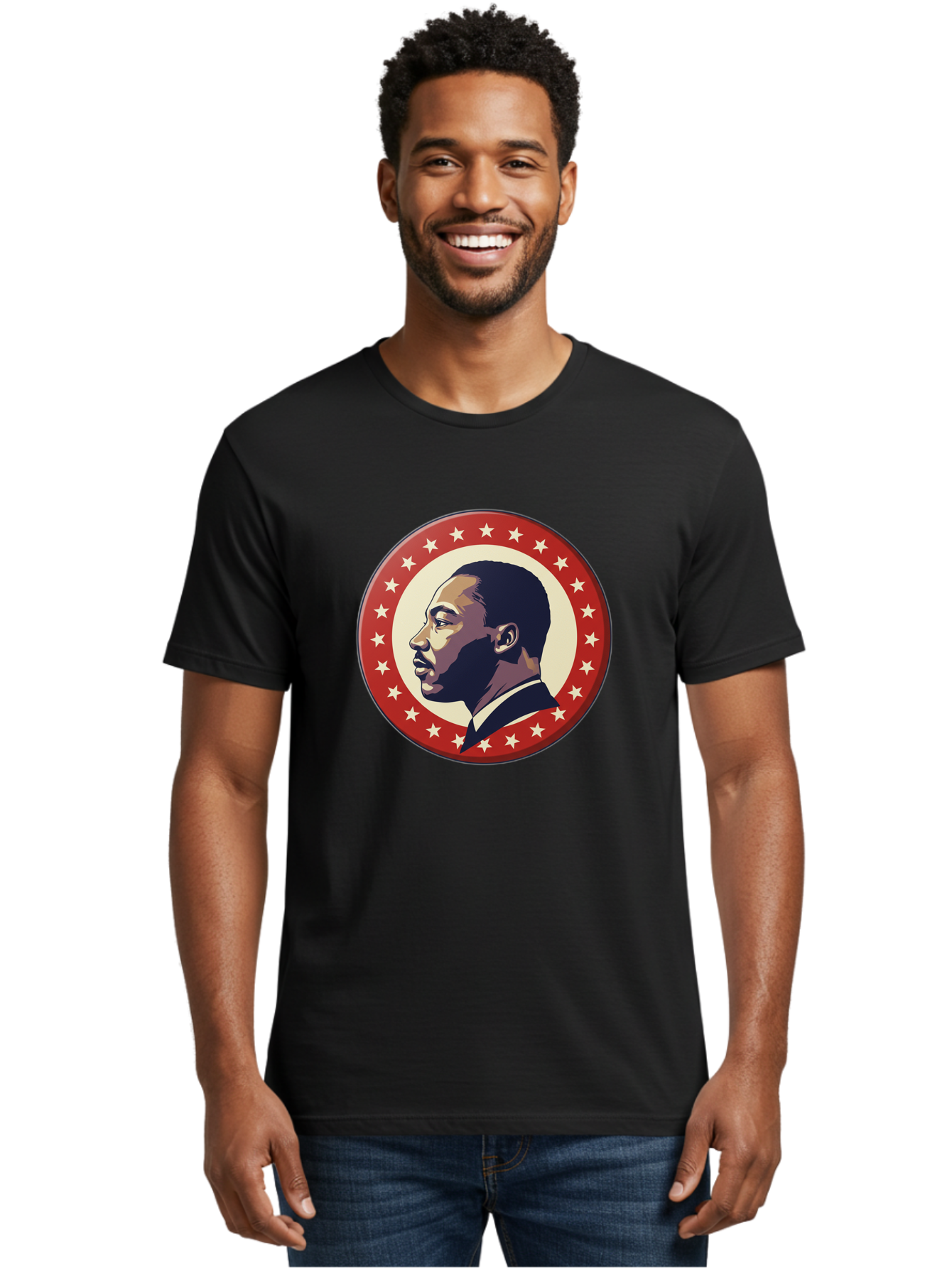 Martin-Luther-King-Jr Men'S Graphic Tee, 100% Cotton, Comfortable Casual Summer Wear, Machine Washable, Martin Luther King Jr. Profile, Civil Rights Leader, African American Icon, Star-Studded Badge, Patriotic Symbol, Freedom Fighter, Bac179