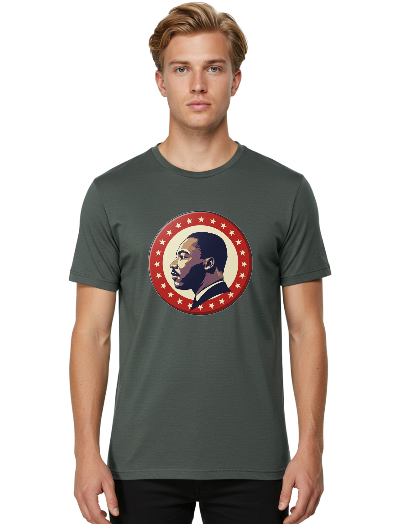 Martin-Luther-King-Jr Men'S Graphic Tee, 100% Cotton, Comfortable Casual Summer Wear, Machine Washable, Martin Luther King Jr. Profile, Civil Rights Leader, African American Icon, Star-Studded Badge, Patriotic Symbol, Freedom Fighter, Bac179