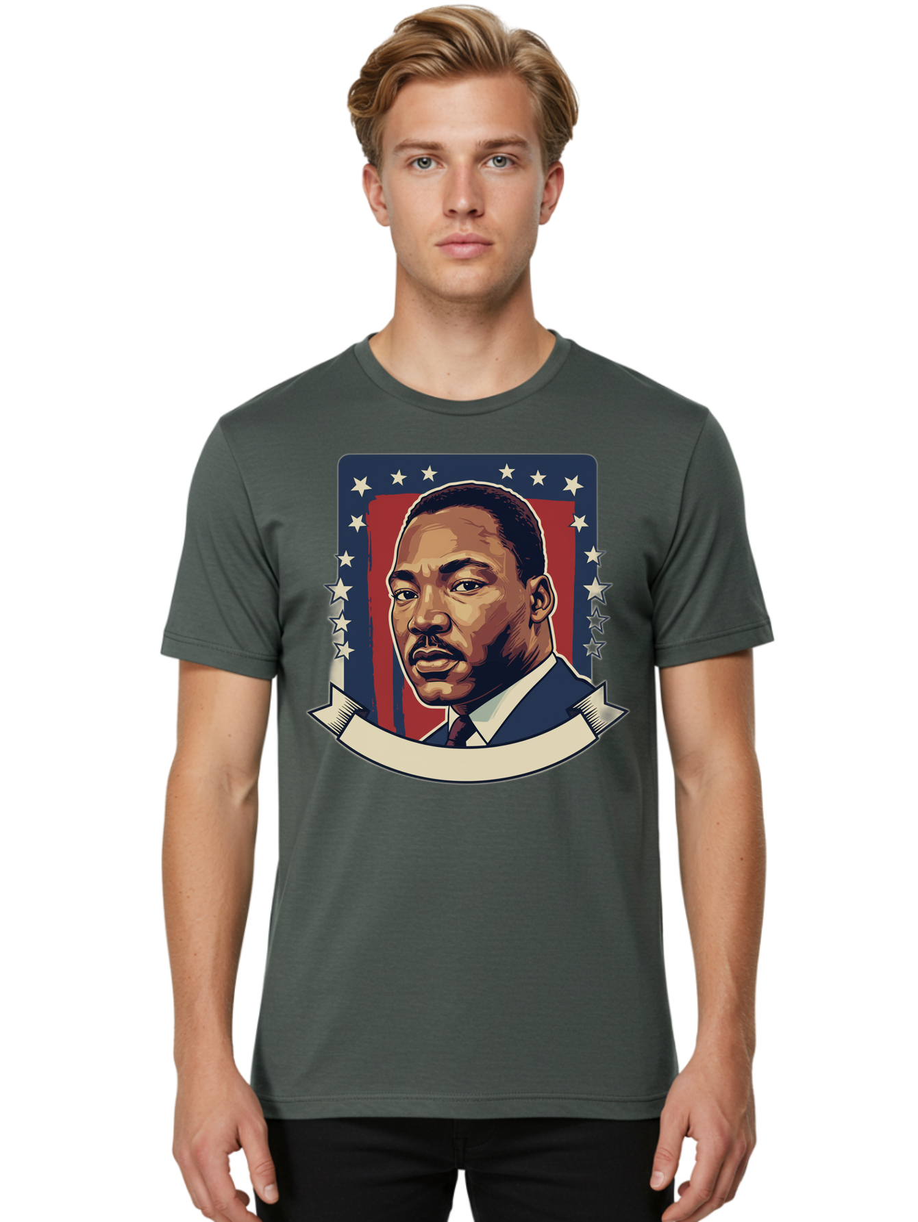 Martin-Luther-King Men'S Graphic Tee, 100% Cotton, Comfortable Casual Summer Wear, Machine Washable, Martin Luther King Jr. Portrait, Civil Rights Leader, Patriotic Illustration, Red White And Blue, Stars And Stripes, Inspirational Quote, Bac180