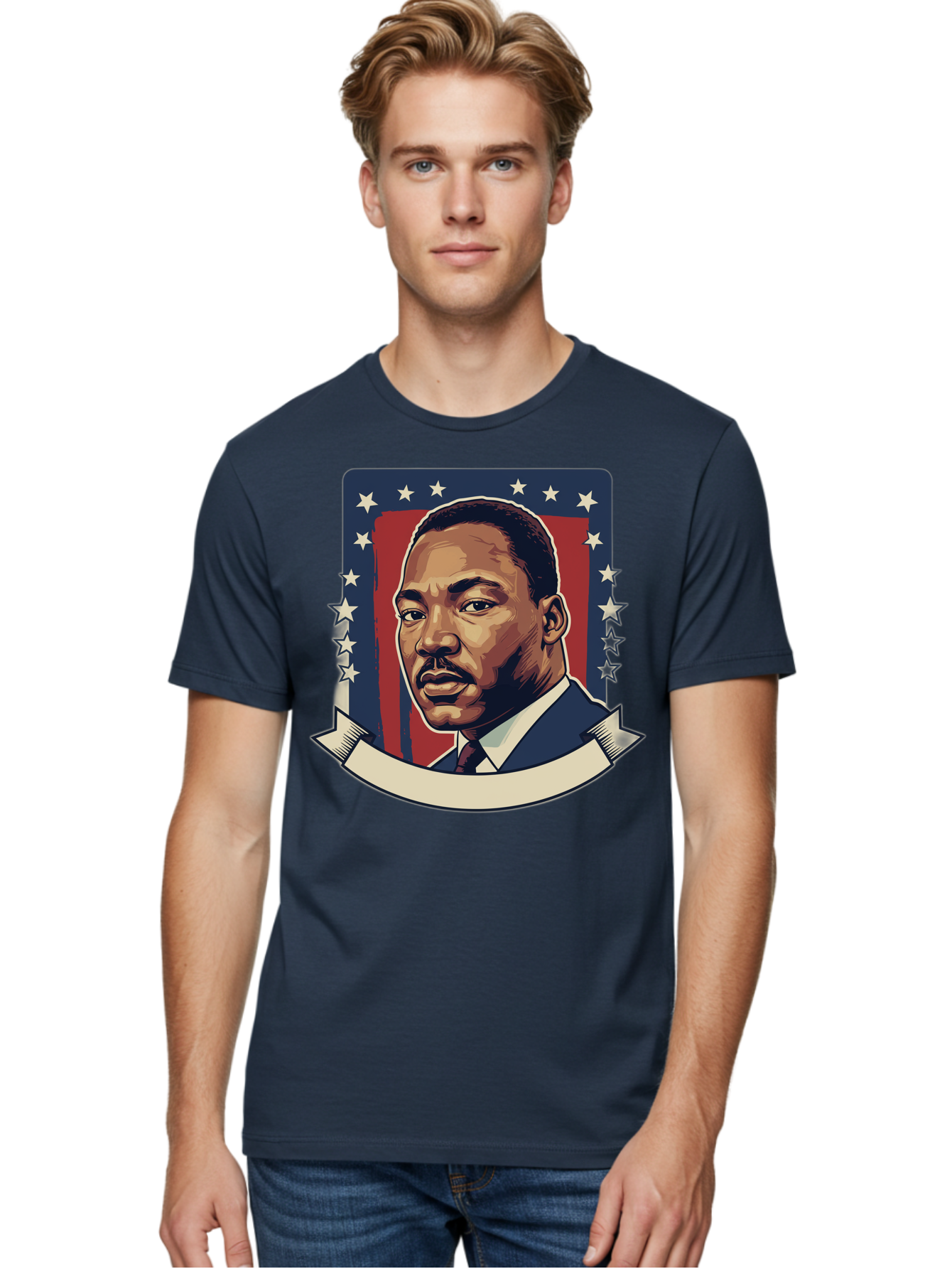 Martin-Luther-King Men'S Graphic Tee, 100% Cotton, Comfortable Casual Summer Wear, Machine Washable, Martin Luther King Jr. Portrait, Civil Rights Leader, Patriotic Illustration, Red White And Blue, Stars And Stripes, Inspirational Quote, Bac180