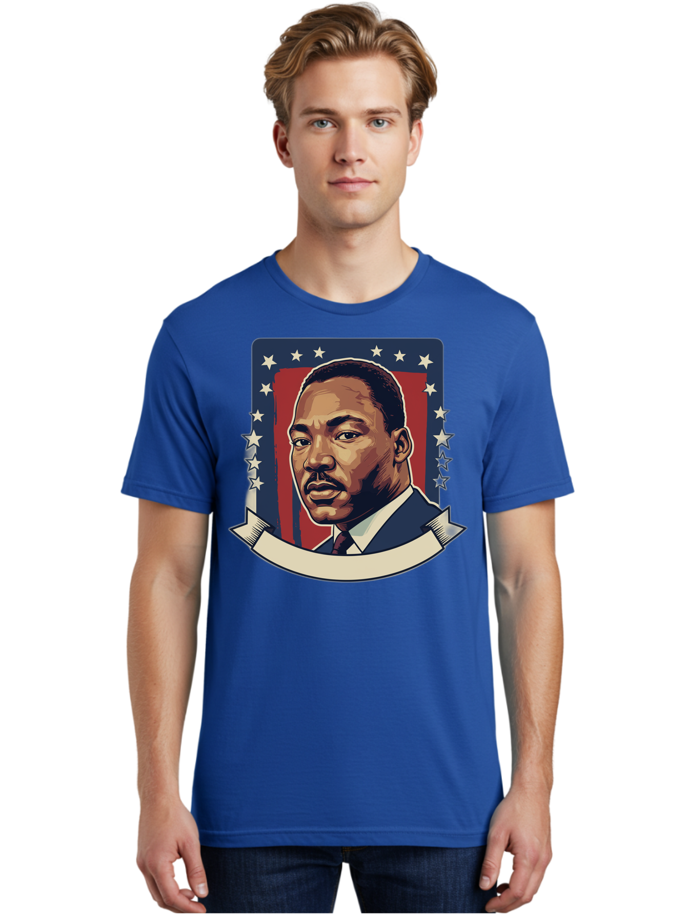 Martin-Luther-King Men'S Graphic Tee, 100% Cotton, Comfortable Casual Summer Wear, Machine Washable, Martin Luther King Jr. Portrait, Civil Rights Leader, Patriotic Illustration, Red White And Blue, Stars And Stripes, Inspirational Quote, Bac180