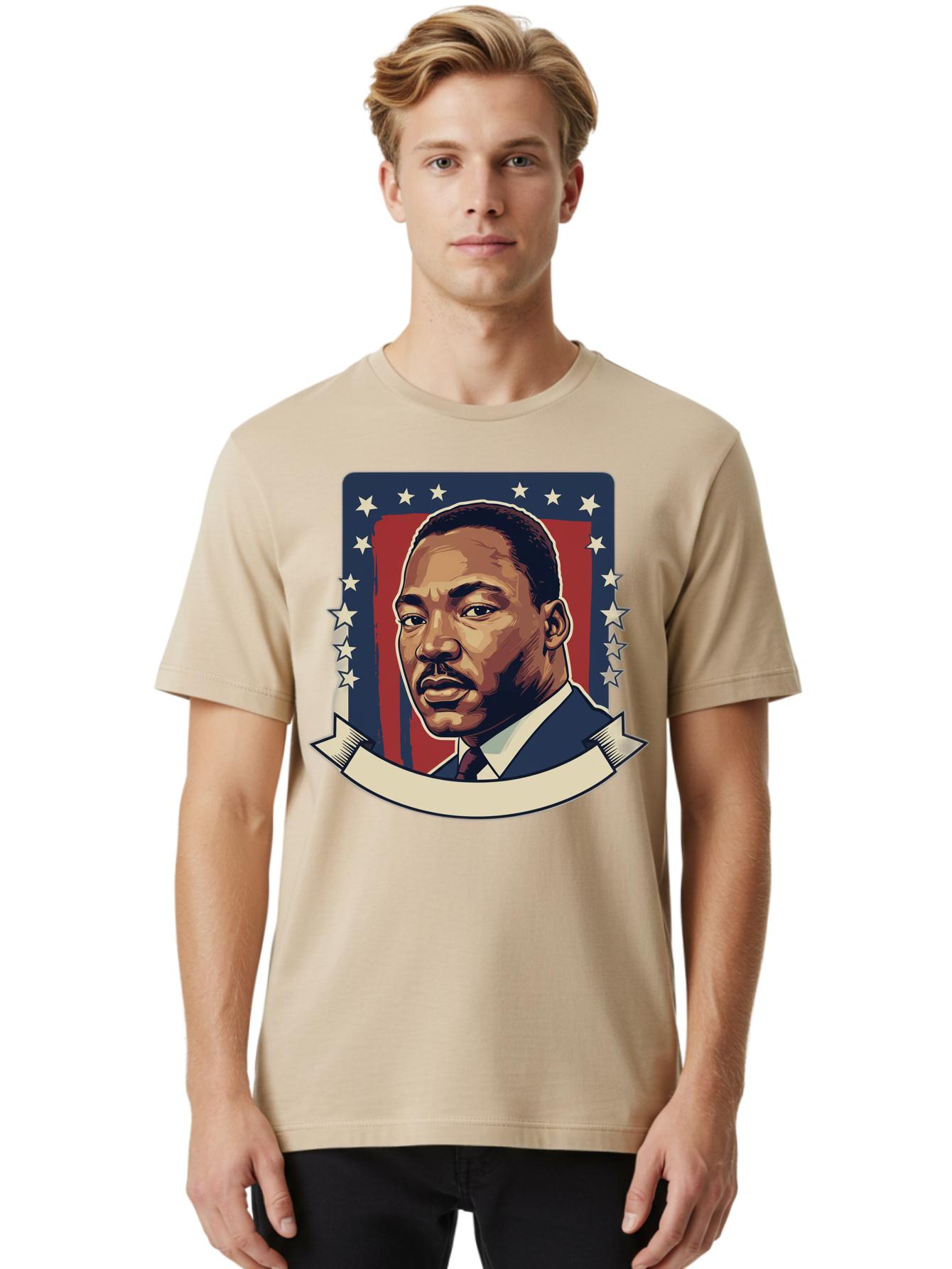 Martin-Luther-King Men'S Graphic Tee, 100% Cotton, Comfortable Casual Summer Wear, Machine Washable, Martin Luther King Jr. Portrait, Civil Rights Leader, Patriotic Illustration, Red White And Blue, Stars And Stripes, Inspirational Quote, Bac180