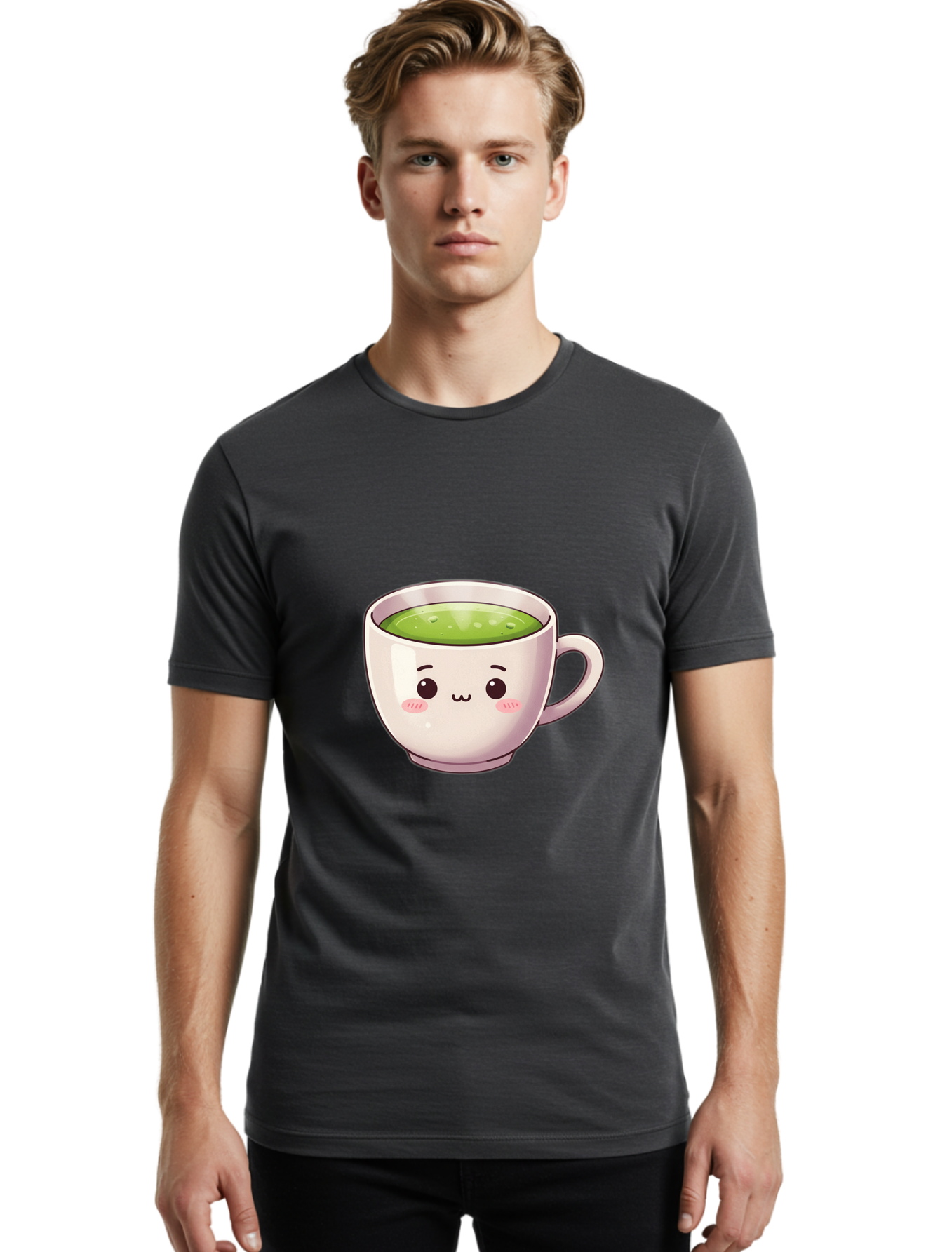 Matcha-Tea-Cup Men'S Graphic Tee, 100% Cotton, Comfortable Casual Summer Wear, Machine Washable, Matcha Tea, Cute Cartoon Character, Adorable Face, Kawaii Culture, Green Tea, Tea Time, Soothing Beverage, Lovely Design, Cheerful Expression Bac181