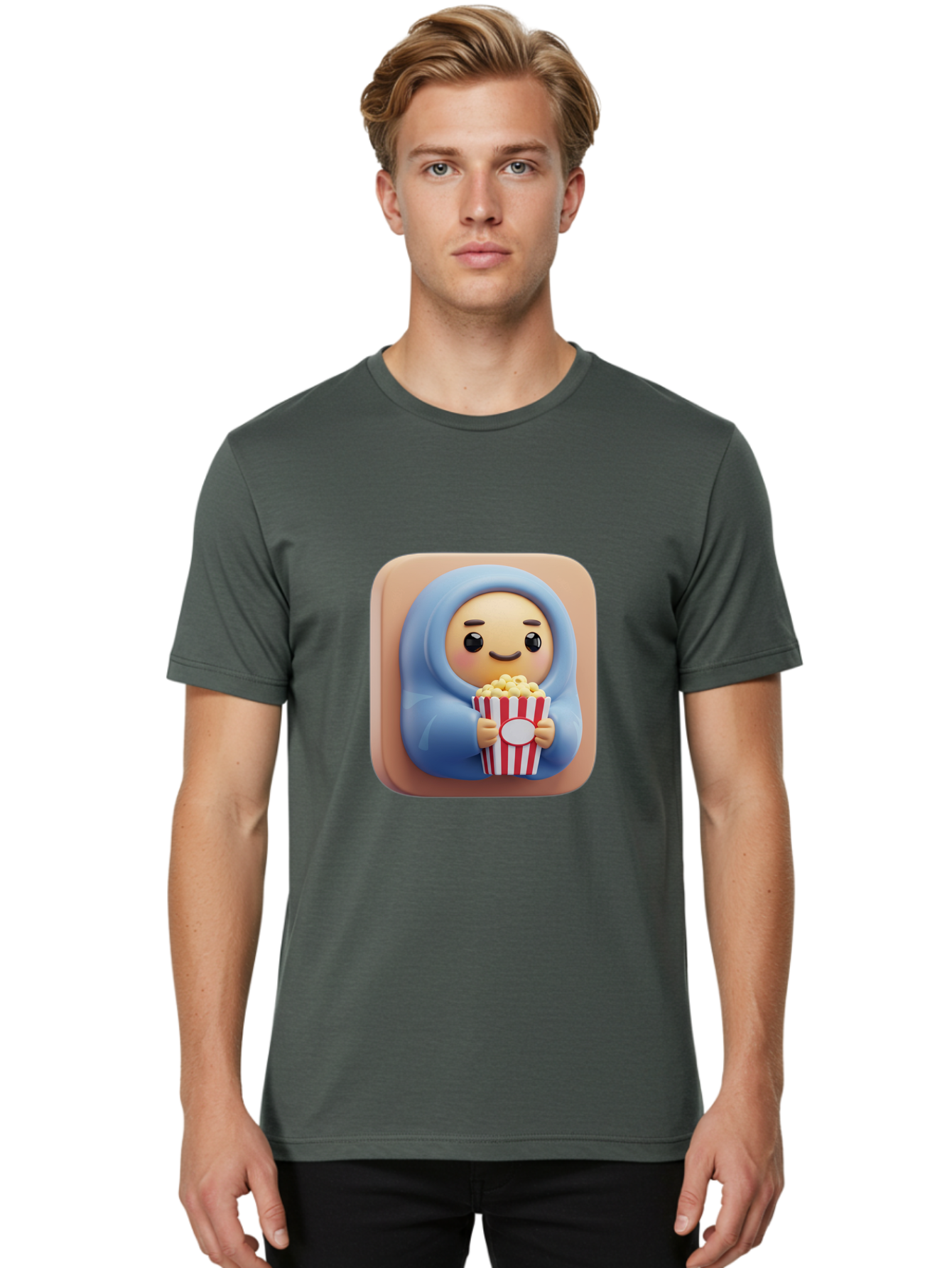 Melted-Face-Emoji Men'S Graphic Tee, 100% Cotton, Comfortable Casual Summer Wear, Machine Washable, Smiling Face, Happy Emoji, Popcorn Bucket, Red And White Stripes, Cartoon Character, Joyful Expression, Friendly Face, Fun Snack, Bac184