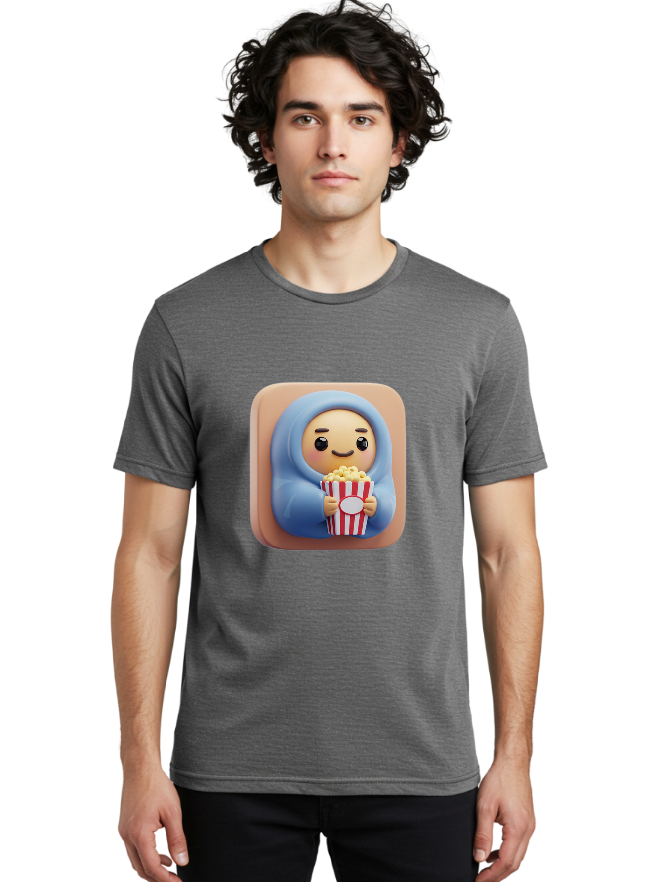 Melted-Face-Emoji Men'S Graphic Tee, 100% Cotton, Comfortable Casual Summer Wear, Machine Washable, Smiling Face, Happy Emoji, Popcorn Bucket, Red And White Stripes, Cartoon Character, Joyful Expression, Friendly Face, Fun Snack, Bac184
