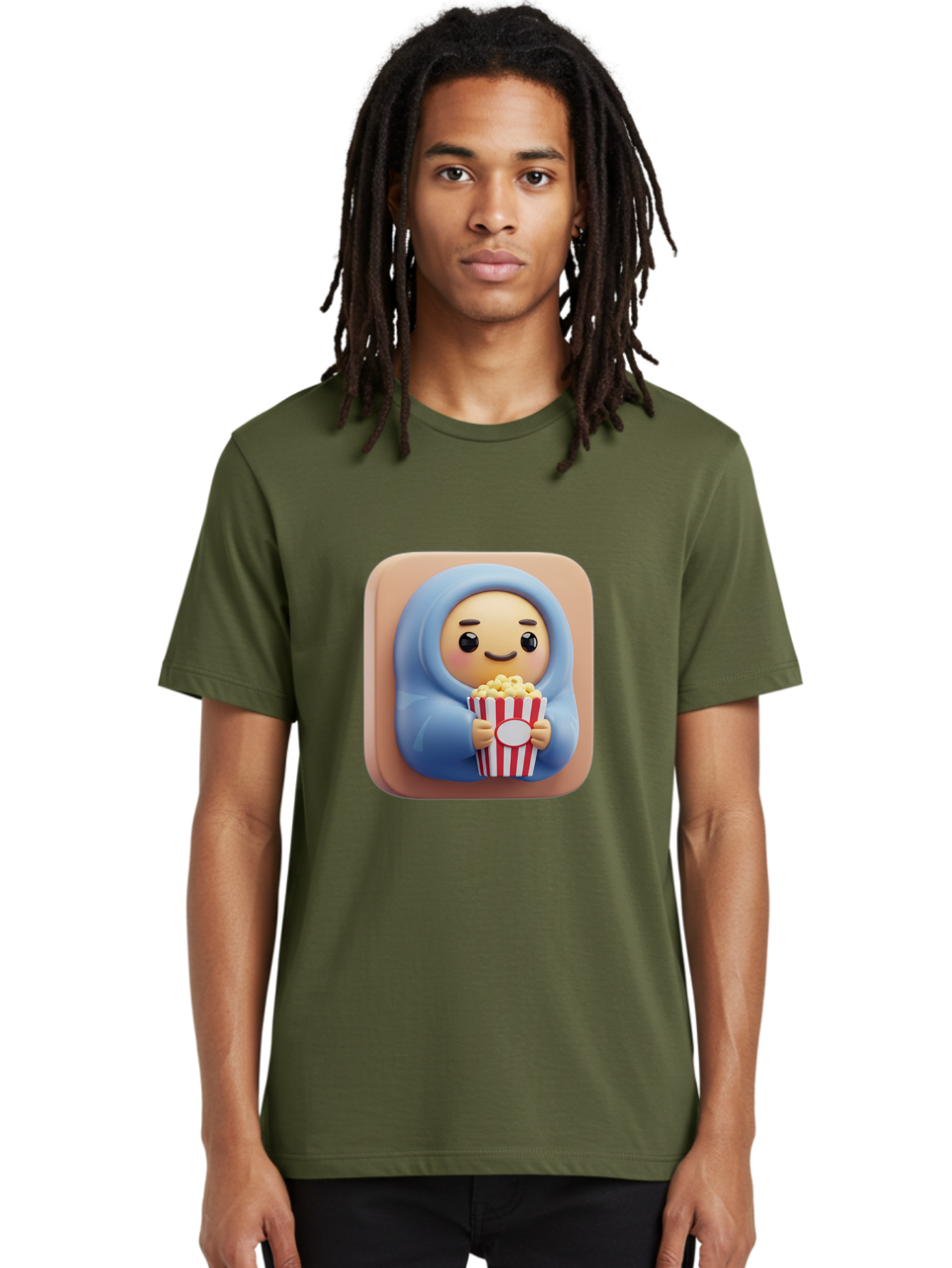 Melted-Face-Emoji Men'S Graphic Tee, 100% Cotton, Comfortable Casual Summer Wear, Machine Washable, Smiling Face, Happy Emoji, Popcorn Bucket, Red And White Stripes, Cartoon Character, Joyful Expression, Friendly Face, Fun Snack, Bac184