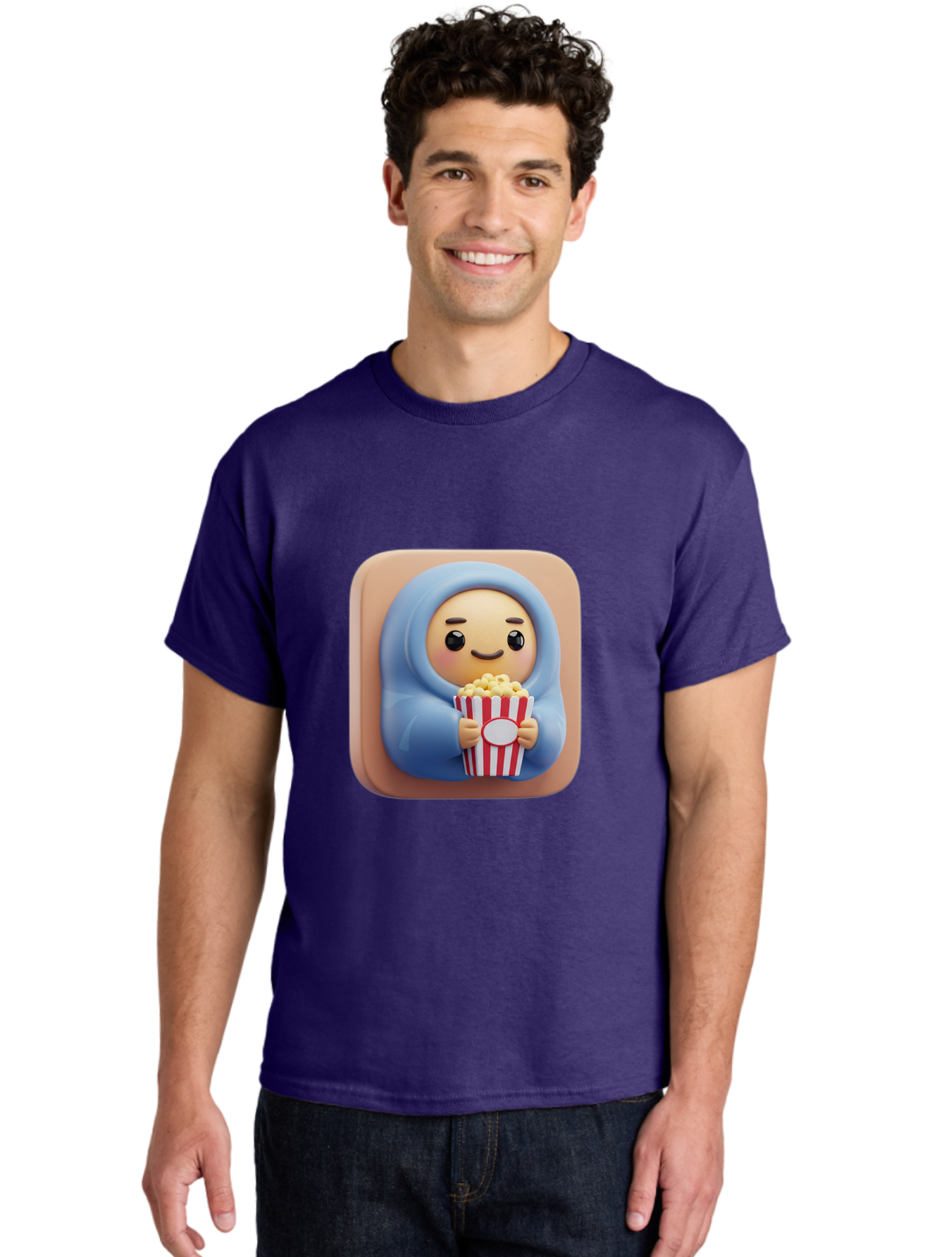 Melted-Face-Emoji Men'S Graphic Tee, 100% Cotton, Comfortable Casual Summer Wear, Machine Washable, Smiling Face, Happy Emoji, Popcorn Bucket, Red And White Stripes, Cartoon Character, Joyful Expression, Friendly Face, Fun Snack, Bac184