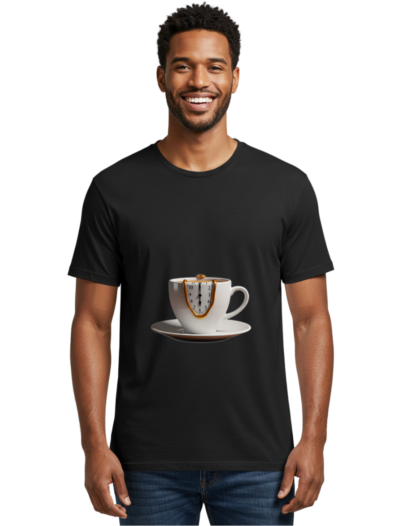 Melting-Clock-Coffee-Cup Men'S Graphic Tee, 100% Cotton, Comfortable Casual Summer Wear, Machine Washable, Surrealist Art, Melting Clock, White Porcelain Cup, Saucer, Clock Face, Salvador Dali, Gold Trim, Time Concept, Abstract Art, Bac185