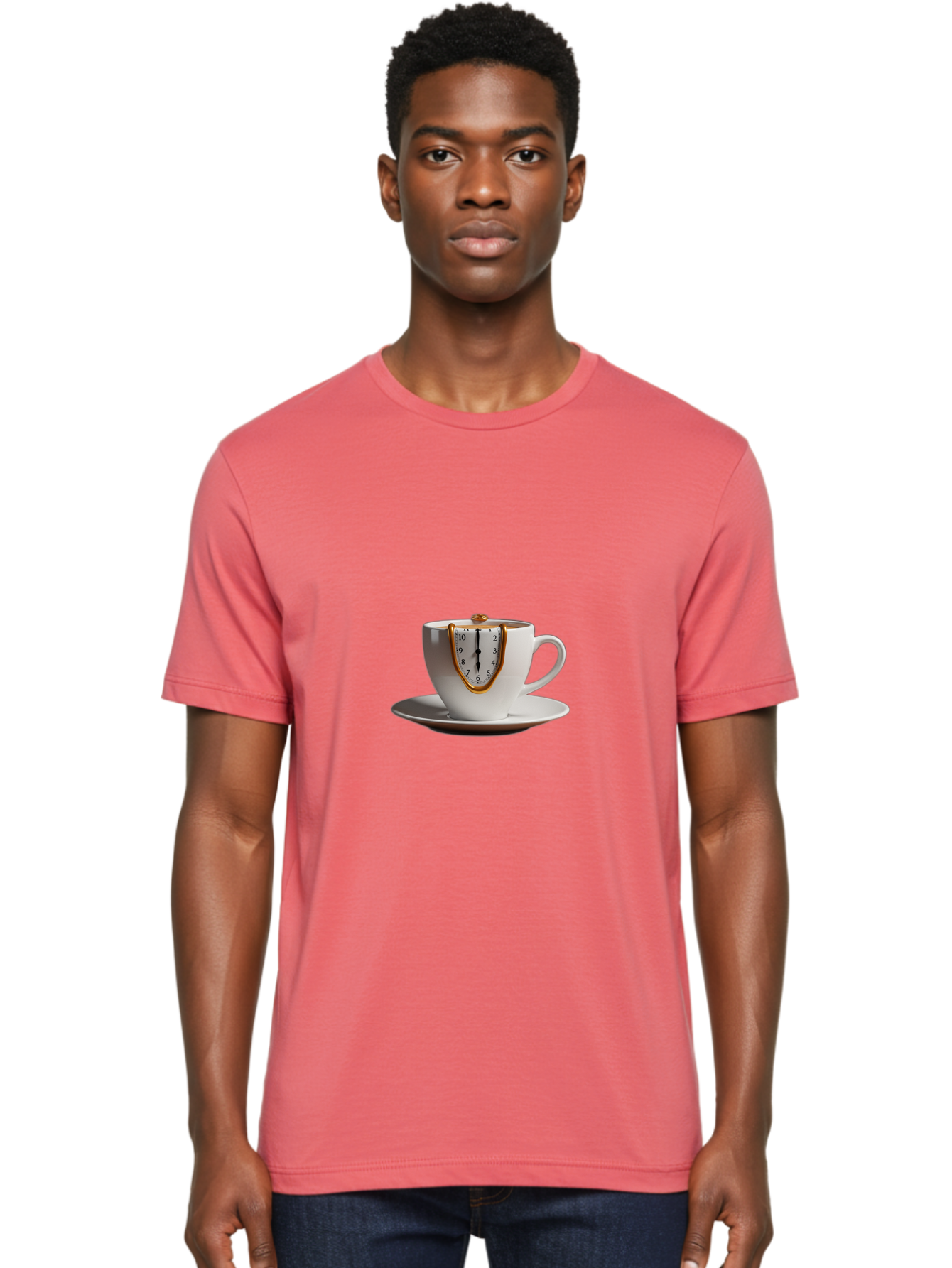 Melting-Clock-Coffee-Cup Men'S Graphic Tee, 100% Cotton, Comfortable Casual Summer Wear, Machine Washable, Surrealist Art, Melting Clock, White Porcelain Cup, Saucer, Clock Face, Salvador Dali, Gold Trim, Time Concept, Abstract Art, Bac185