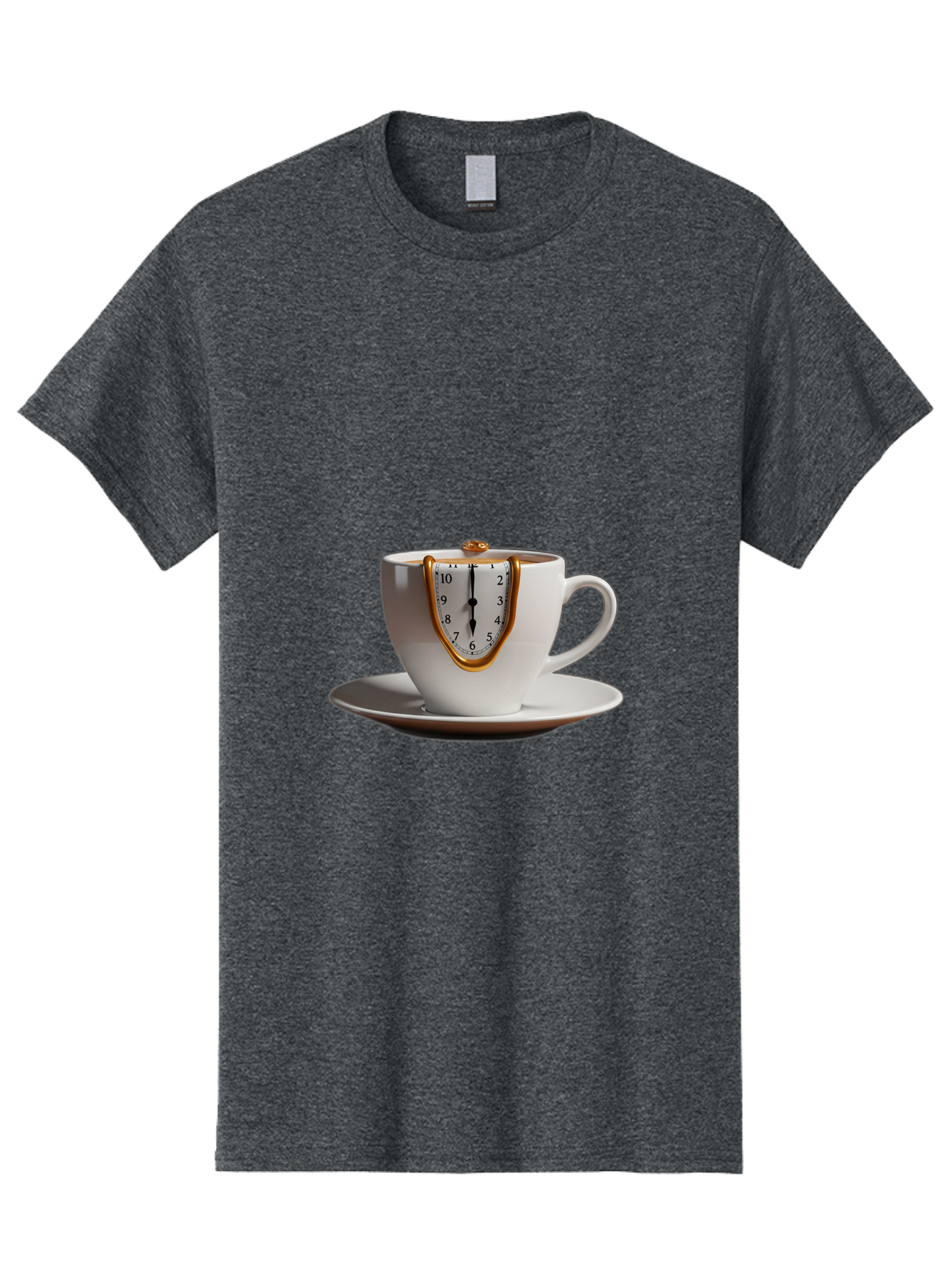 Melting-Clock-Coffee-Cup Men'S Graphic Tee, 100% Cotton, Comfortable Casual Summer Wear, Machine Washable, Surrealist Art, Melting Clock, White Porcelain Cup, Saucer, Clock Face, Salvador Dali, Gold Trim, Time Concept, Abstract Art, Bac185