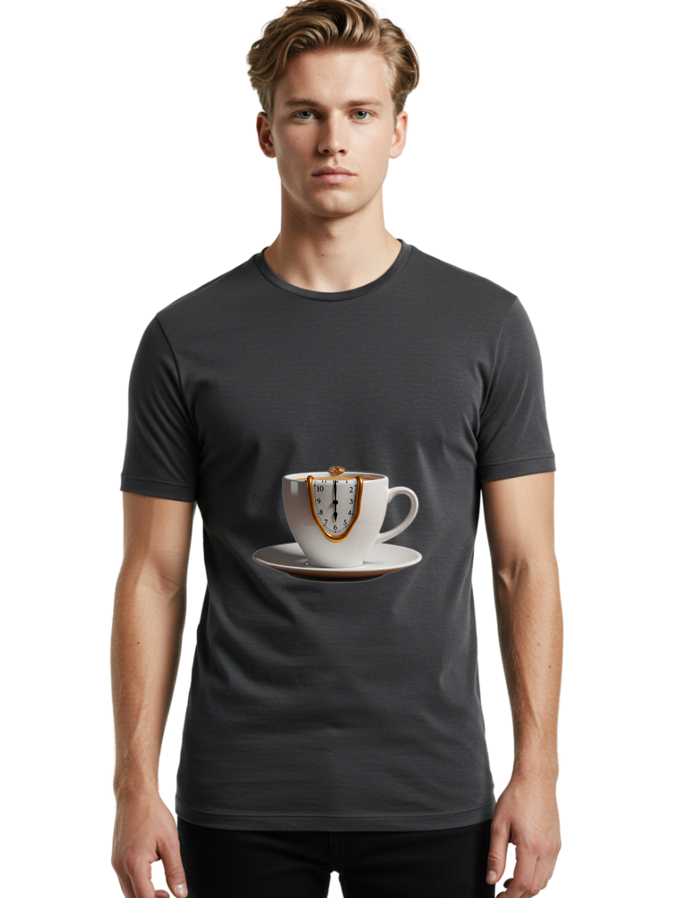 Melting-Clock-Coffee-Cup Men'S Graphic Tee, 100% Cotton, Comfortable Casual Summer Wear, Machine Washable, Surrealist Art, Melting Clock, White Porcelain Cup, Saucer, Clock Face, Salvador Dali, Gold Trim, Time Concept, Abstract Art, Bac185