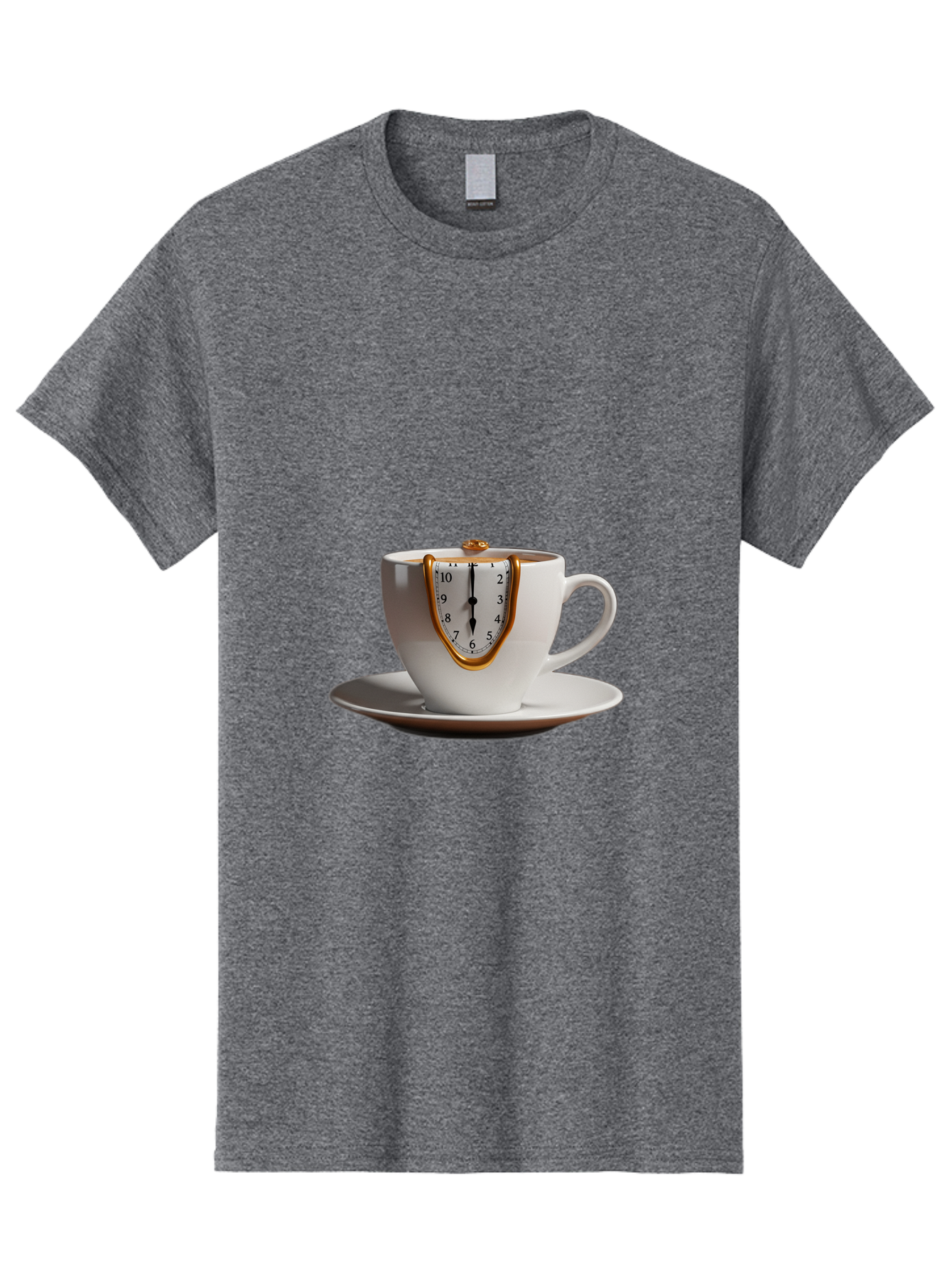 Melting-Clock-Coffee-Cup Men'S Graphic Tee, 100% Cotton, Comfortable Casual Summer Wear, Machine Washable, Surrealist Art, Melting Clock, White Porcelain Cup, Saucer, Clock Face, Salvador Dali, Gold Trim, Time Concept, Abstract Art, Bac185