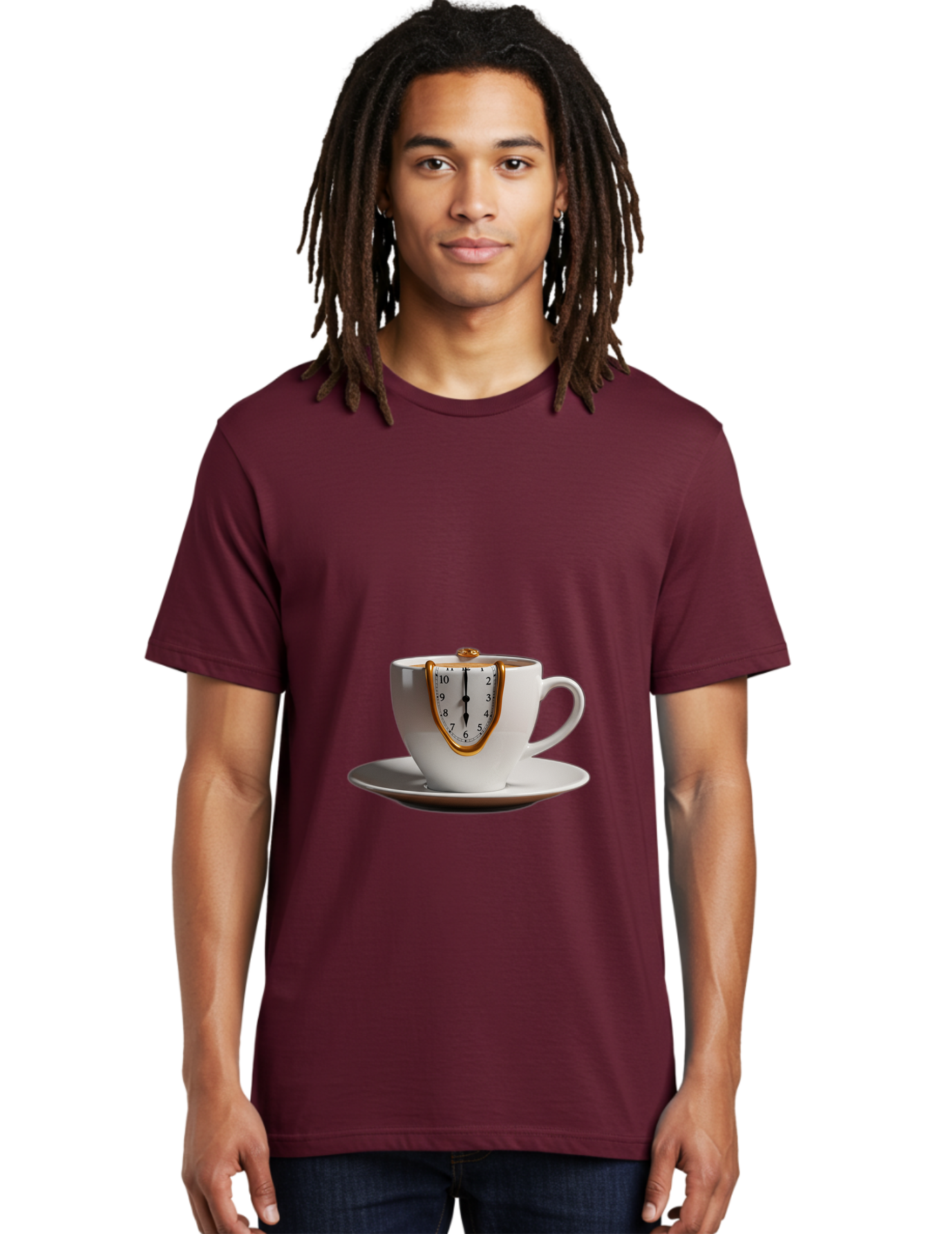 Melting-Clock-Coffee-Cup Men'S Graphic Tee, 100% Cotton, Comfortable Casual Summer Wear, Machine Washable, Surrealist Art, Melting Clock, White Porcelain Cup, Saucer, Clock Face, Salvador Dali, Gold Trim, Time Concept, Abstract Art, Bac185