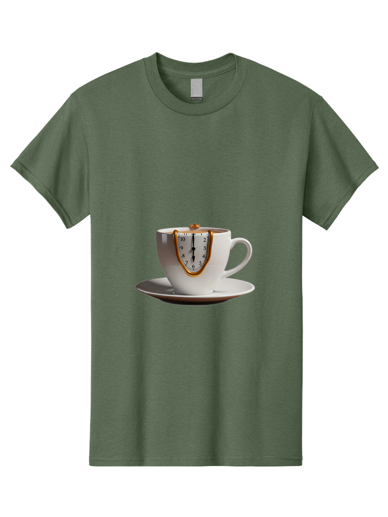 Melting-Clock-Coffee-Cup Men'S Graphic Tee, 100% Cotton, Comfortable Casual Summer Wear, Machine Washable, Surrealist Art, Melting Clock, White Porcelain Cup, Saucer, Clock Face, Salvador Dali, Gold Trim, Time Concept, Abstract Art, Bac185