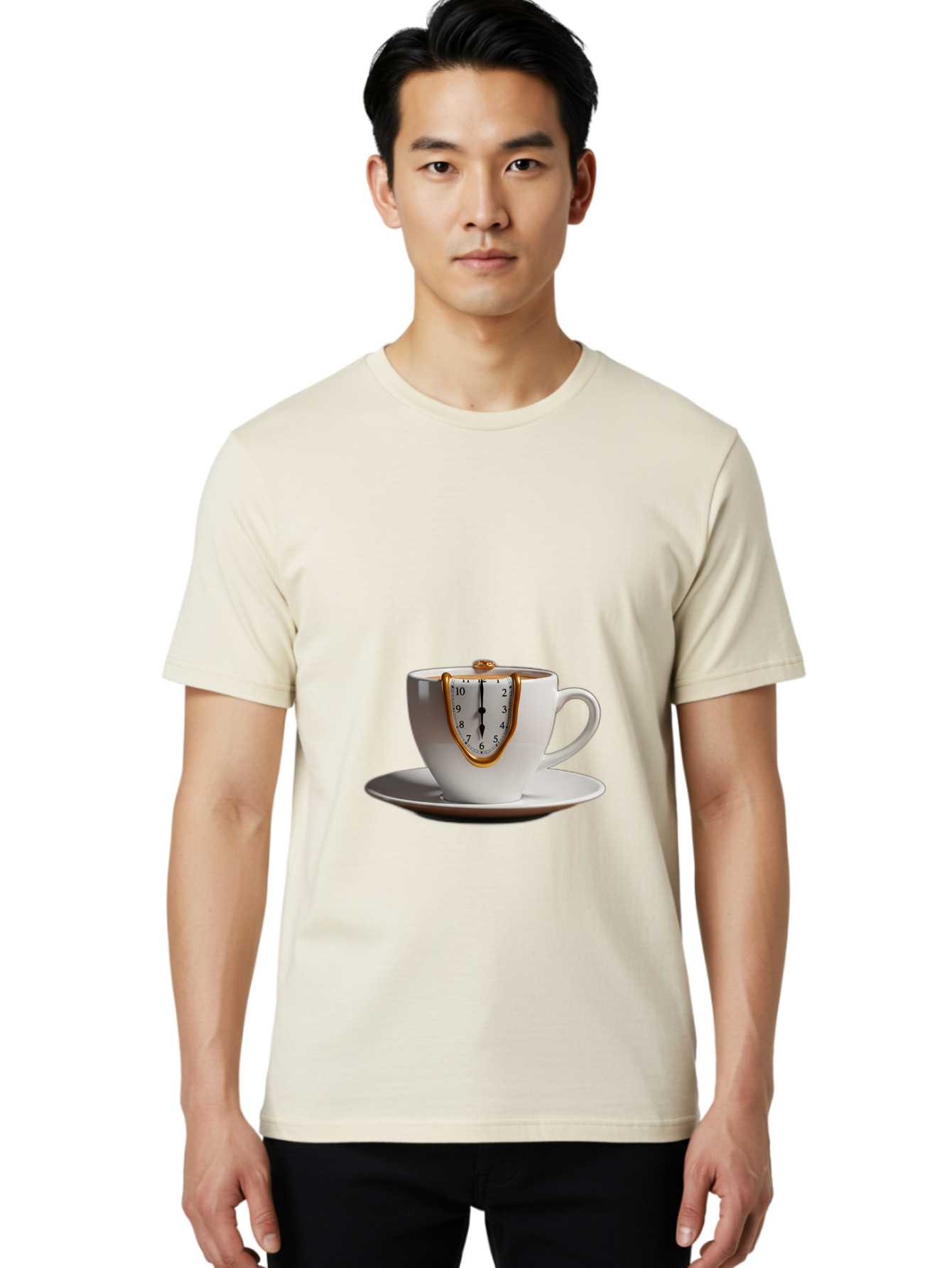 Melting-Clock-Coffee-Cup Men'S Graphic Tee, 100% Cotton, Comfortable Casual Summer Wear, Machine Washable, Surrealist Art, Melting Clock, White Porcelain Cup, Saucer, Clock Face, Salvador Dali, Gold Trim, Time Concept, Abstract Art, Bac185