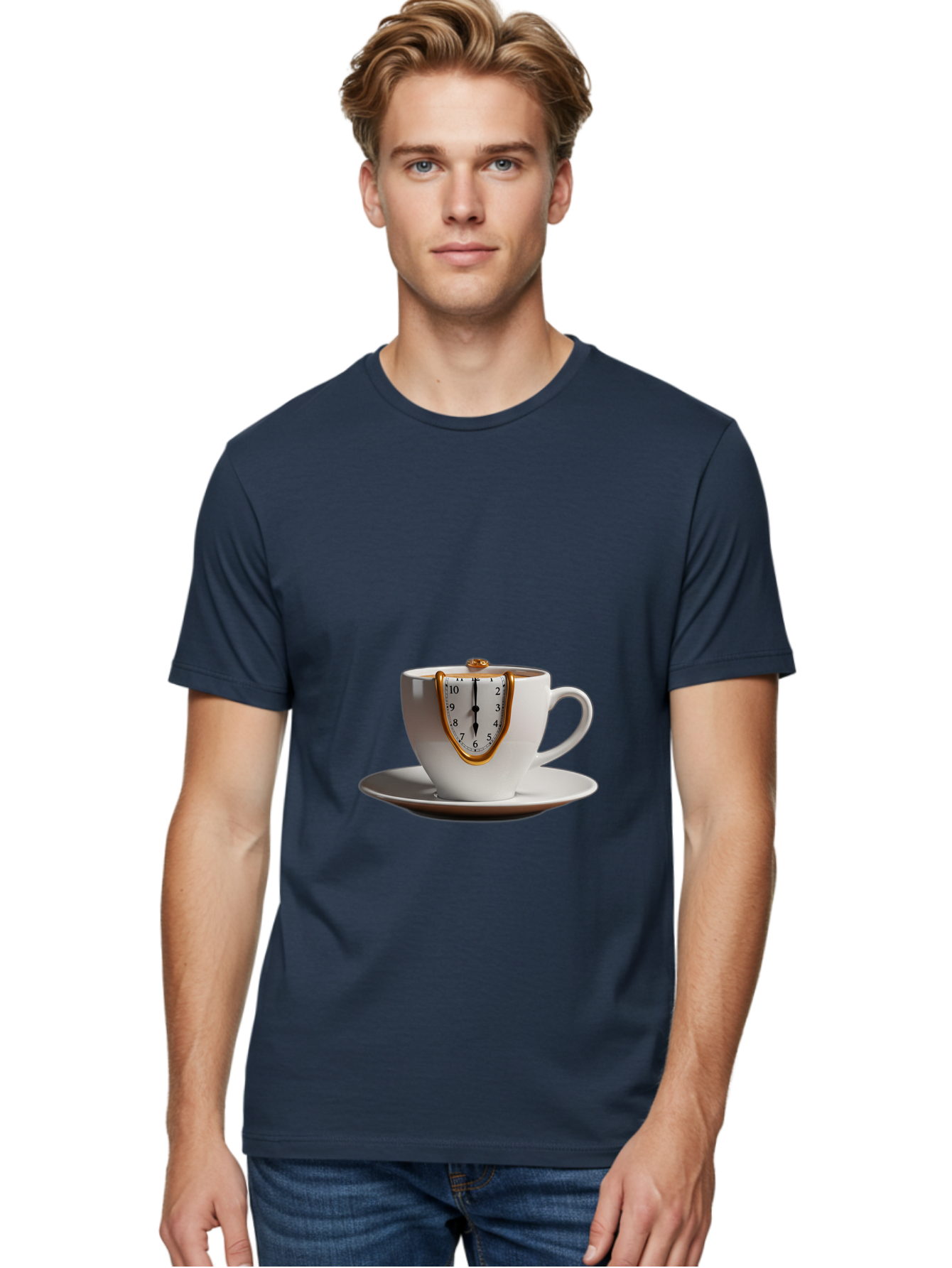 Melting-Clock-Coffee-Cup Men'S Graphic Tee, 100% Cotton, Comfortable Casual Summer Wear, Machine Washable, Surrealist Art, Melting Clock, White Porcelain Cup, Saucer, Clock Face, Salvador Dali, Gold Trim, Time Concept, Abstract Art, Bac185