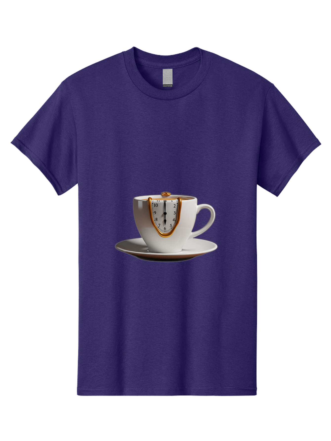 Melting-Clock-Coffee-Cup Men'S Graphic Tee, 100% Cotton, Comfortable Casual Summer Wear, Machine Washable, Surrealist Art, Melting Clock, White Porcelain Cup, Saucer, Clock Face, Salvador Dali, Gold Trim, Time Concept, Abstract Art, Bac185