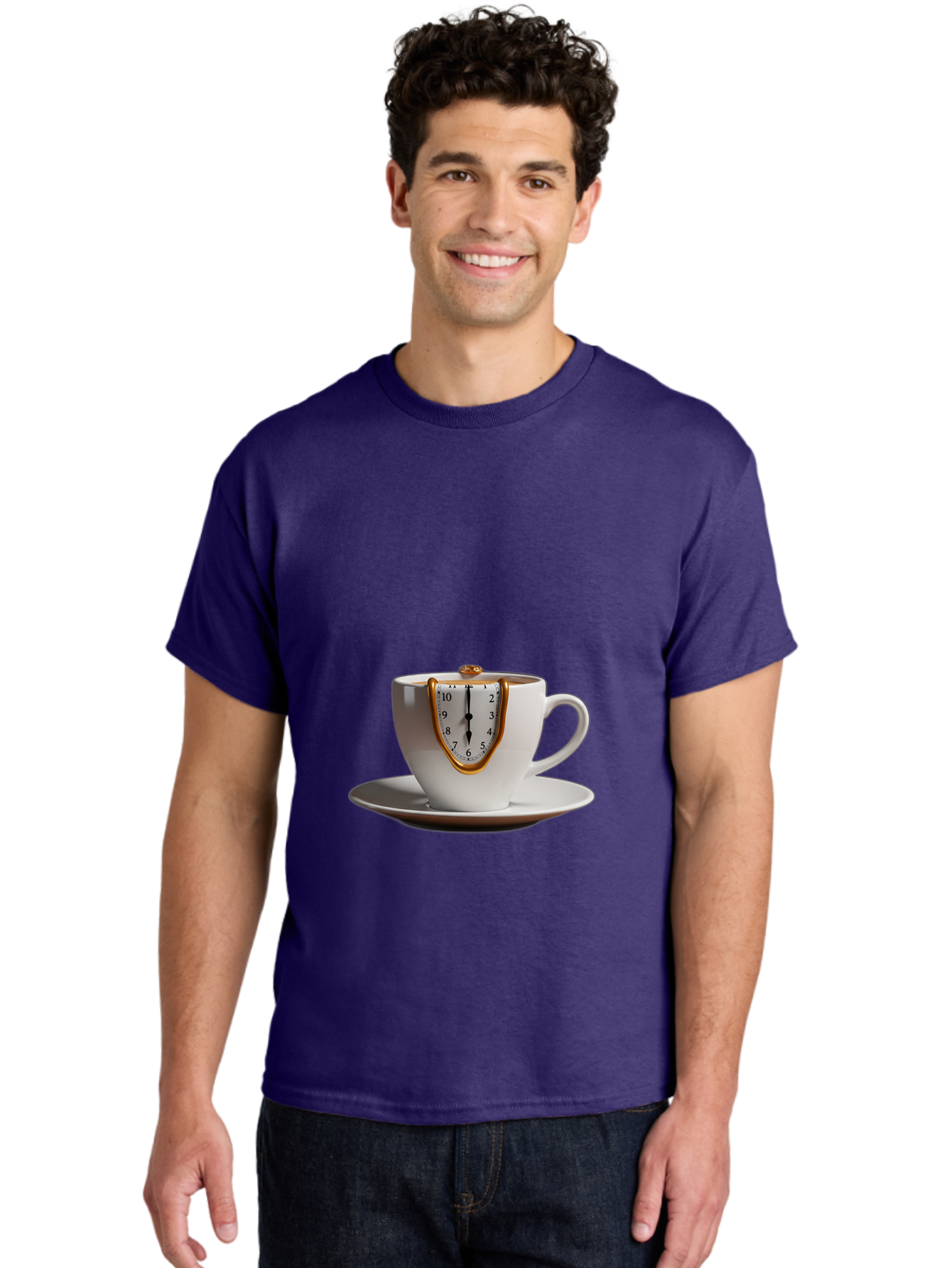 Melting-Clock-Coffee-Cup Men'S Graphic Tee, 100% Cotton, Comfortable Casual Summer Wear, Machine Washable, Surrealist Art, Melting Clock, White Porcelain Cup, Saucer, Clock Face, Salvador Dali, Gold Trim, Time Concept, Abstract Art, Bac185