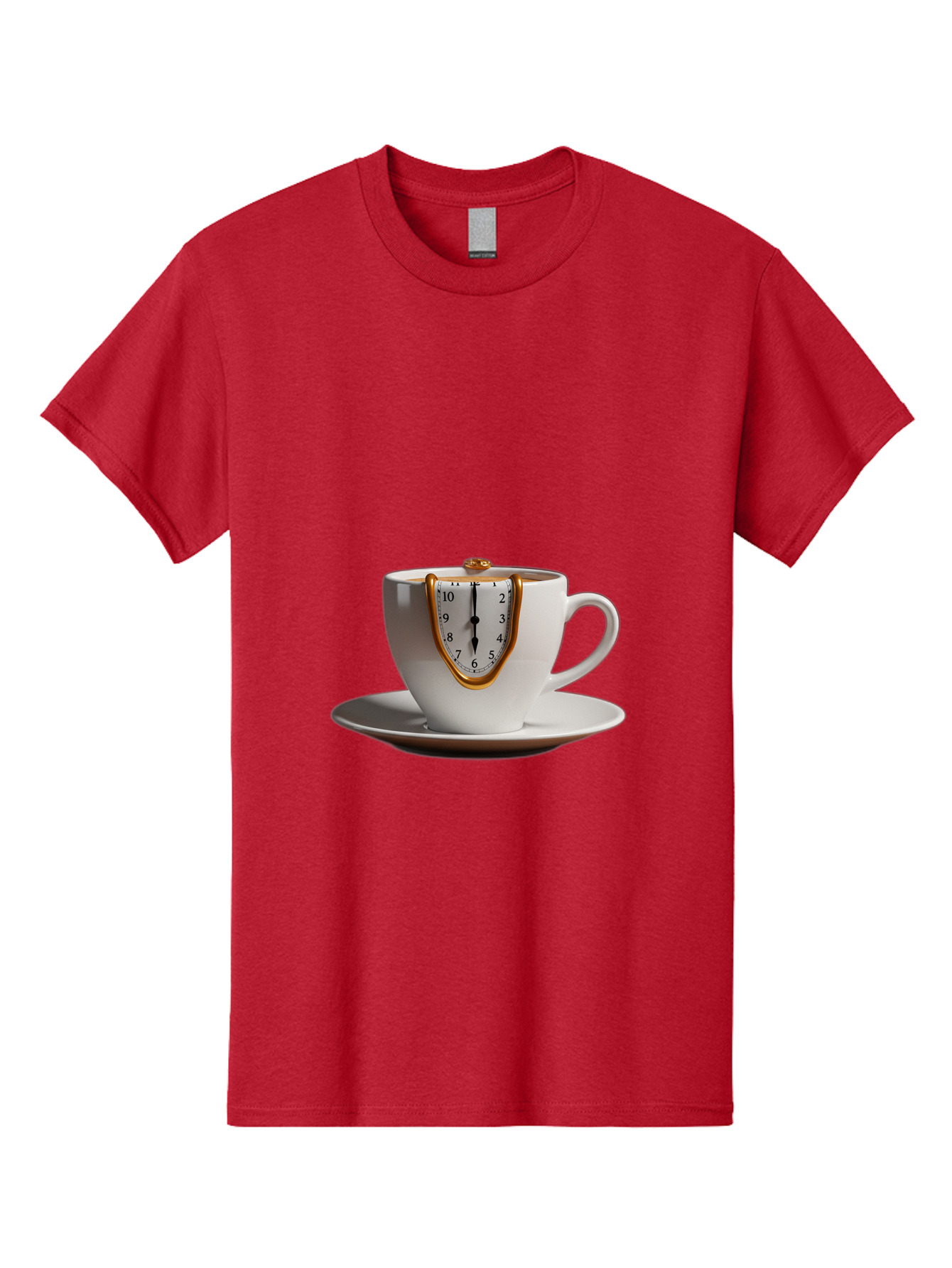 Melting-Clock-Coffee-Cup Men'S Graphic Tee, 100% Cotton, Comfortable Casual Summer Wear, Machine Washable, Surrealist Art, Melting Clock, White Porcelain Cup, Saucer, Clock Face, Salvador Dali, Gold Trim, Time Concept, Abstract Art, Bac185
