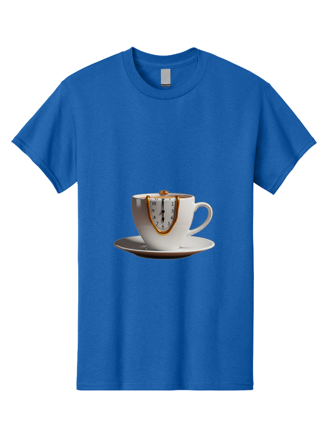 Melting-Clock-Coffee-Cup Men'S Graphic Tee, 100% Cotton, Comfortable Casual Summer Wear, Machine Washable, Surrealist Art, Melting Clock, White Porcelain Cup, Saucer, Clock Face, Salvador Dali, Gold Trim, Time Concept, Abstract Art, Bac185