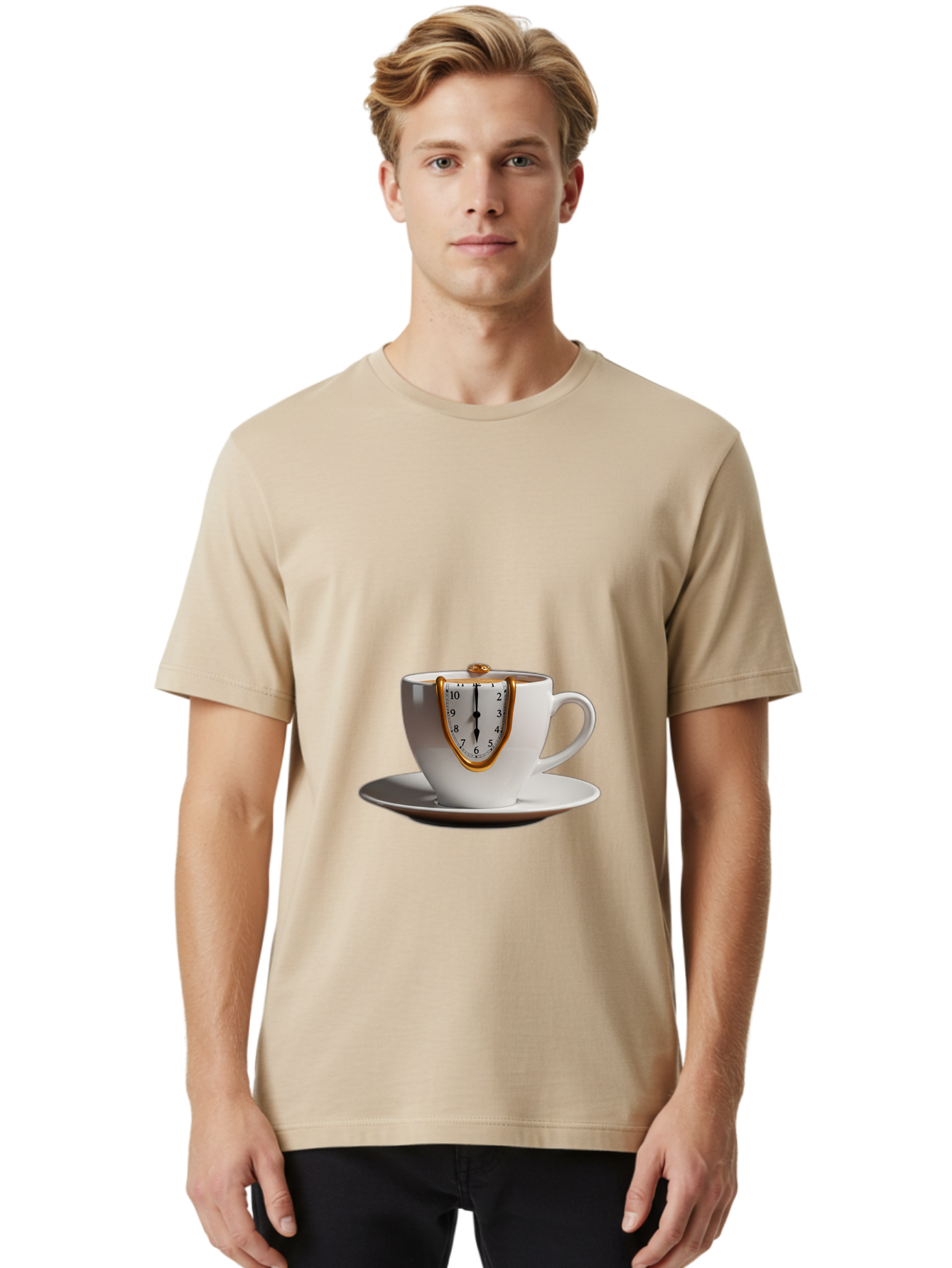 Melting-Clock-Coffee-Cup Men'S Graphic Tee, 100% Cotton, Comfortable Casual Summer Wear, Machine Washable, Surrealist Art, Melting Clock, White Porcelain Cup, Saucer, Clock Face, Salvador Dali, Gold Trim, Time Concept, Abstract Art, Bac185