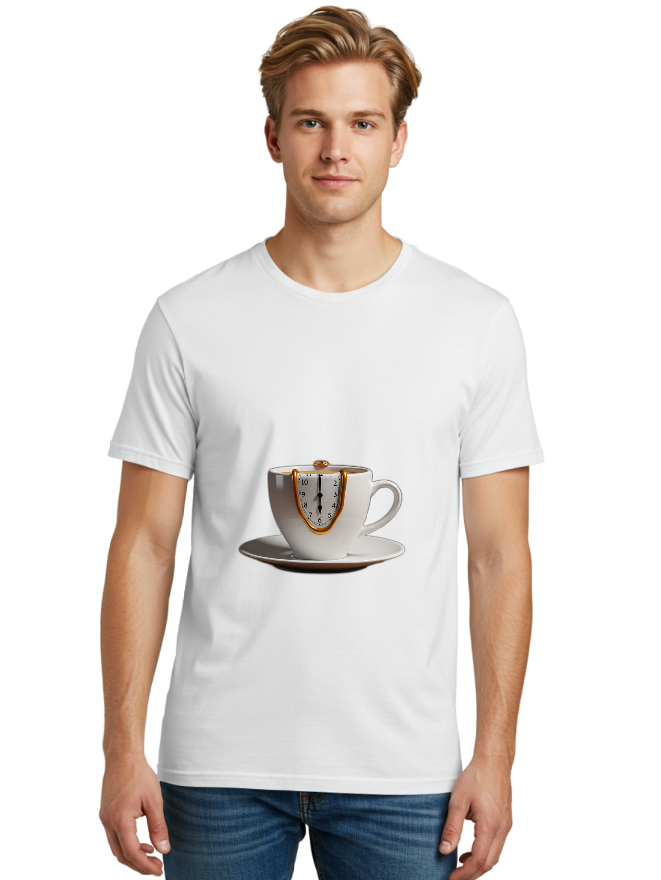 Melting-Clock-Coffee-Cup Men'S Graphic Tee, 100% Cotton, Comfortable Casual Summer Wear, Machine Washable, Surrealist Art, Melting Clock, White Porcelain Cup, Saucer, Clock Face, Salvador Dali, Gold Trim, Time Concept, Abstract Art, Bac185