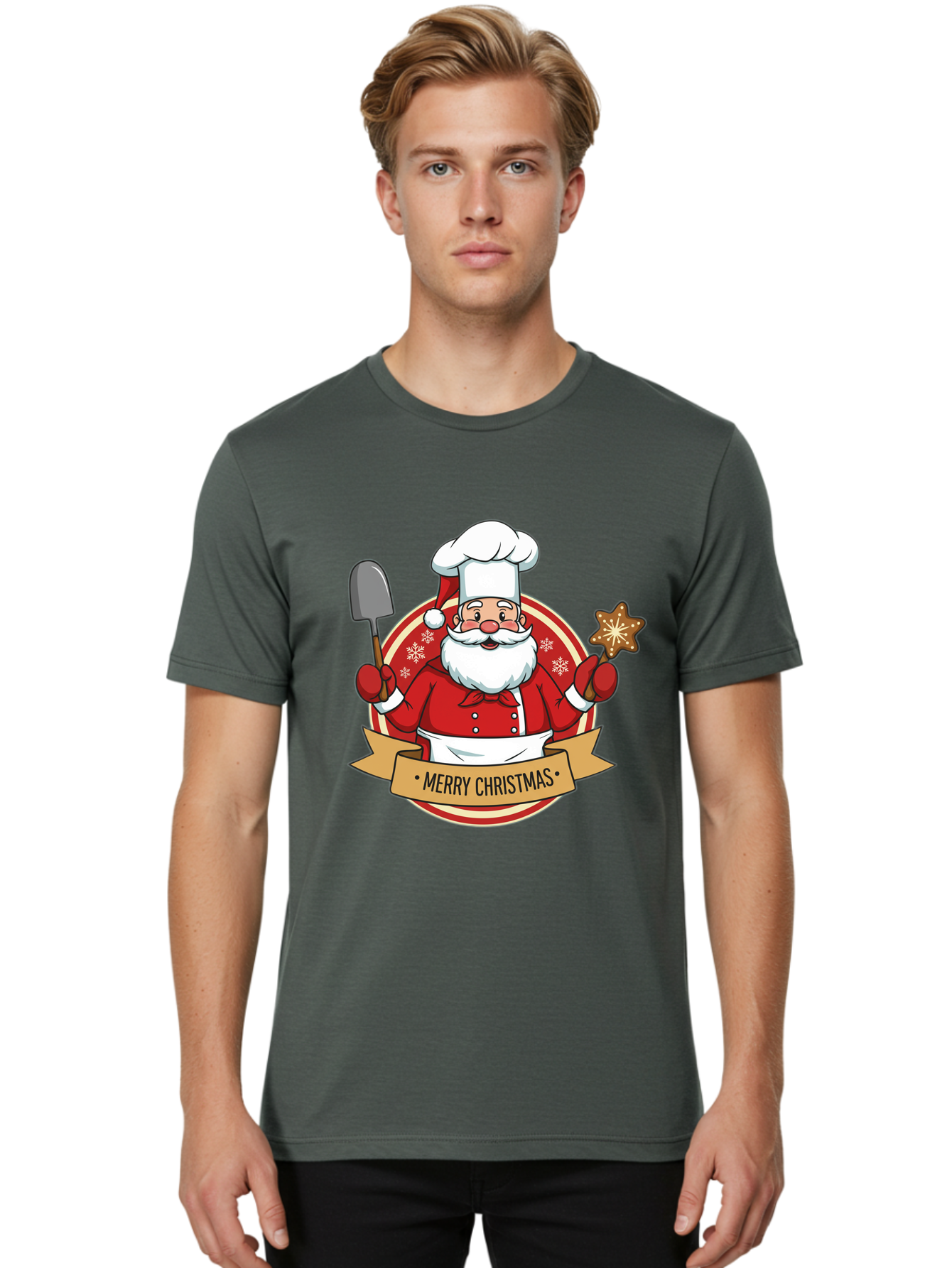 Merry-Christmas-Santa-1 Men'S Graphic Tee, 100% Cotton, Comfortable Casual Summer Wear, Machine Washable, Santa Claus As A Chef, Merry Christmas Banner, Gingerbread Star, Red And White Uniform, Snowflakes, Holiday Baking, Festive Season, Bac186
