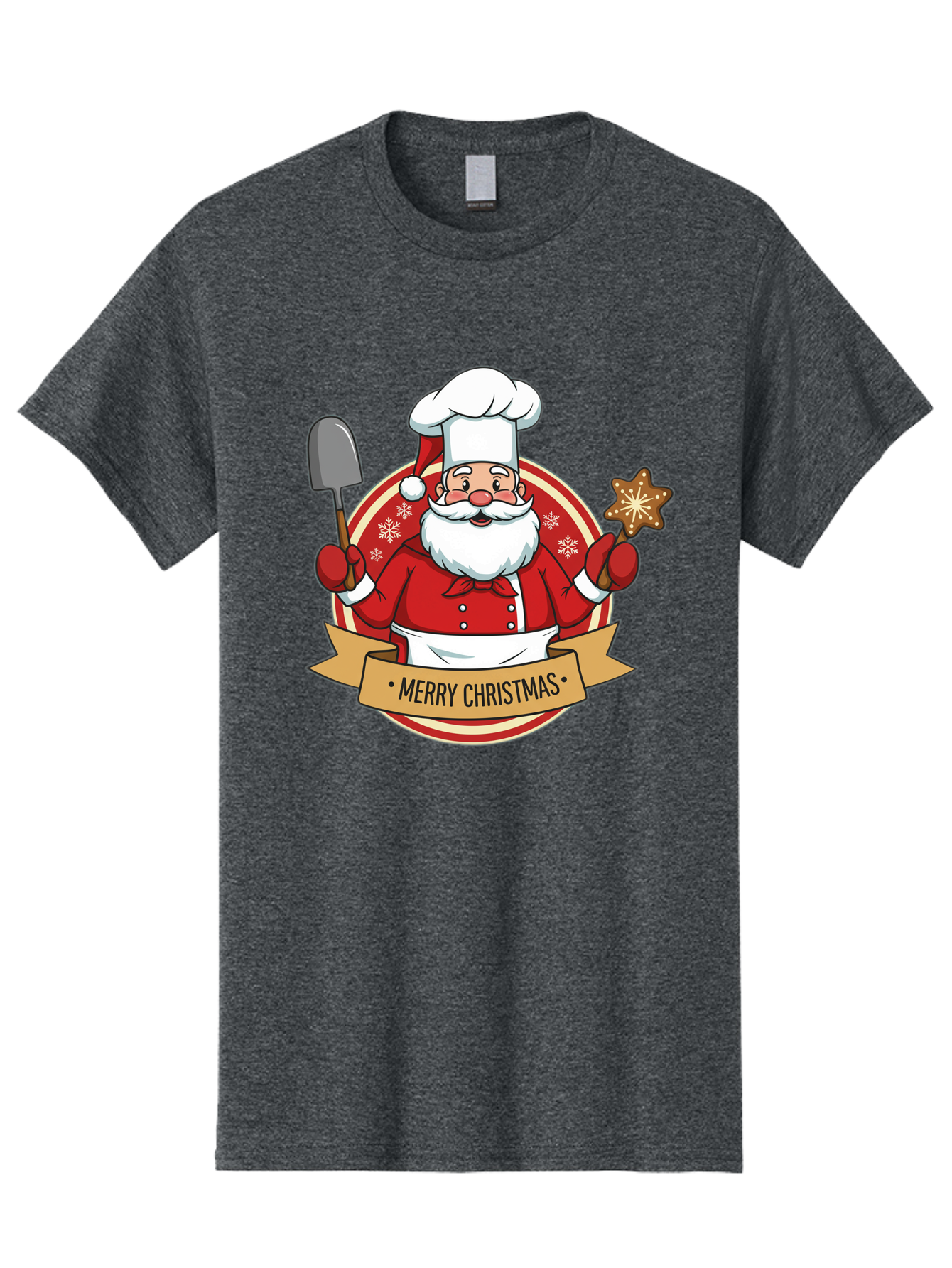 Merry-Christmas-Santa-1 Men'S Graphic Tee, 100% Cotton, Comfortable Casual Summer Wear, Machine Washable, Santa Claus As A Chef, Merry Christmas Banner, Gingerbread Star, Red And White Uniform, Snowflakes, Holiday Baking, Festive Season, Bac186