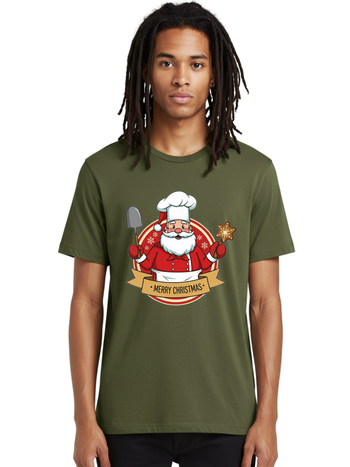 Merry-Christmas-Santa-1 Men'S Graphic Tee, 100% Cotton, Comfortable Casual Summer Wear, Machine Washable, Santa Claus As A Chef, Merry Christmas Banner, Gingerbread Star, Red And White Uniform, Snowflakes, Holiday Baking, Festive Season, Bac186