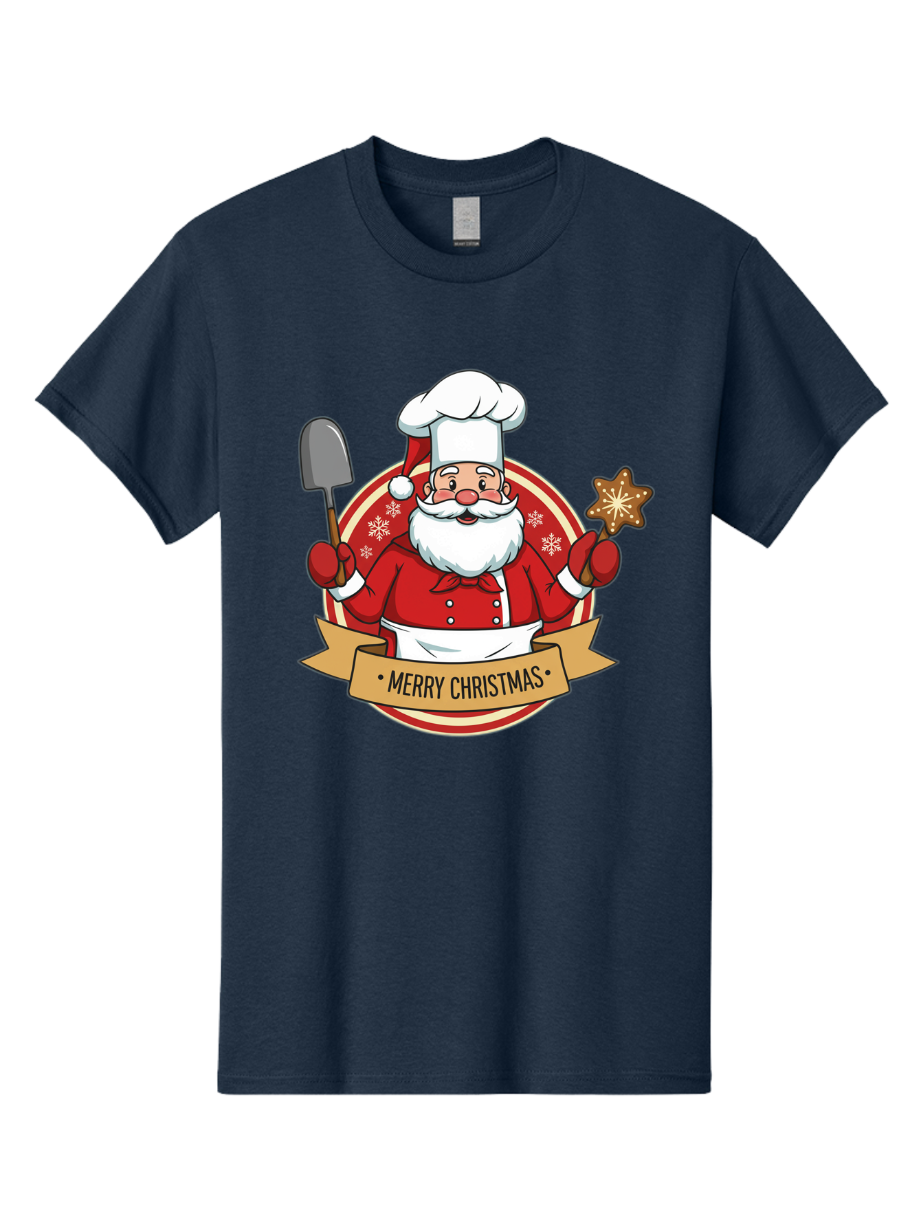 Merry-Christmas-Santa-1 Men'S Graphic Tee, 100% Cotton, Comfortable Casual Summer Wear, Machine Washable, Santa Claus As A Chef, Merry Christmas Banner, Gingerbread Star, Red And White Uniform, Snowflakes, Holiday Baking, Festive Season, Bac186