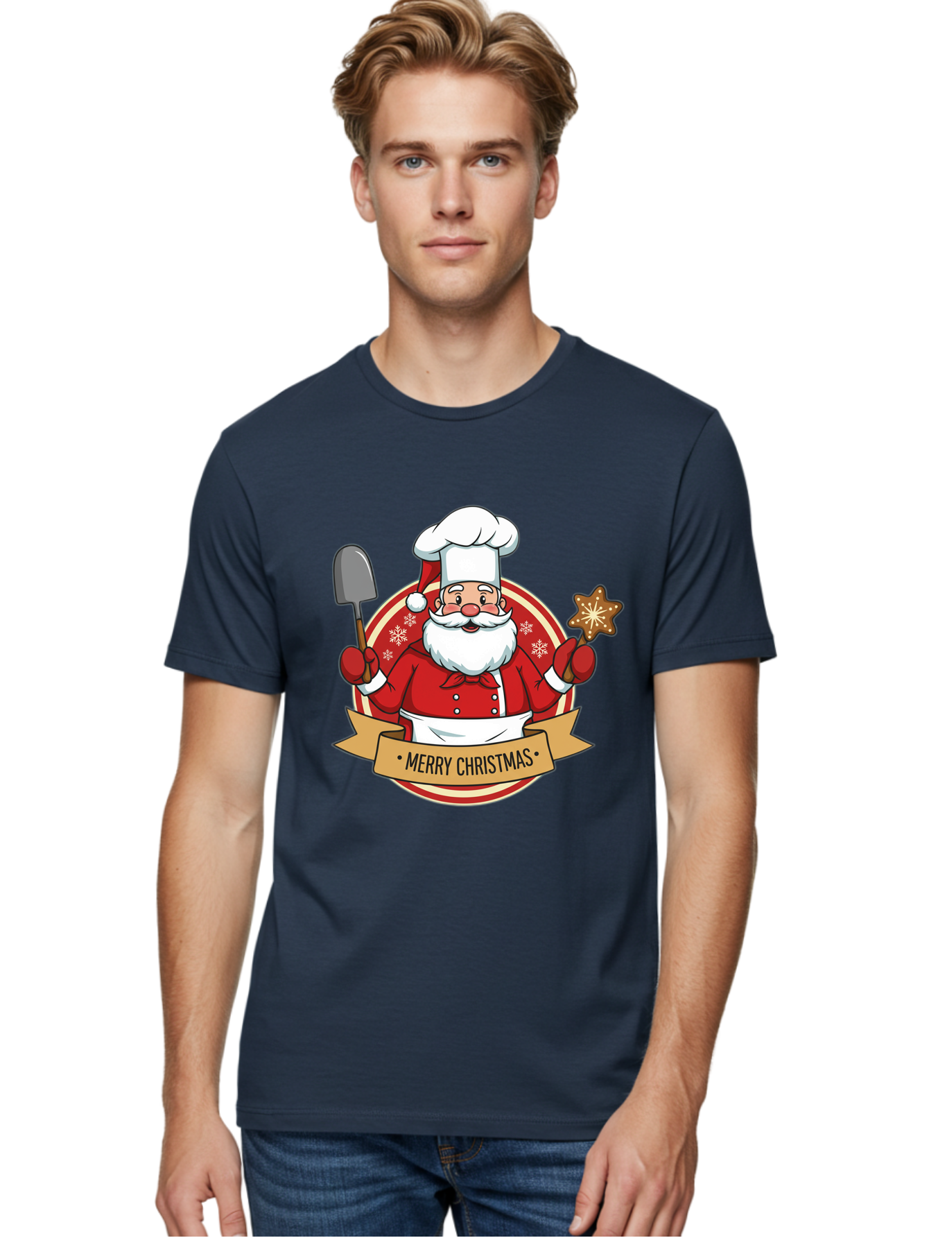 Merry-Christmas-Santa-1 Men'S Graphic Tee, 100% Cotton, Comfortable Casual Summer Wear, Machine Washable, Santa Claus As A Chef, Merry Christmas Banner, Gingerbread Star, Red And White Uniform, Snowflakes, Holiday Baking, Festive Season, Bac186