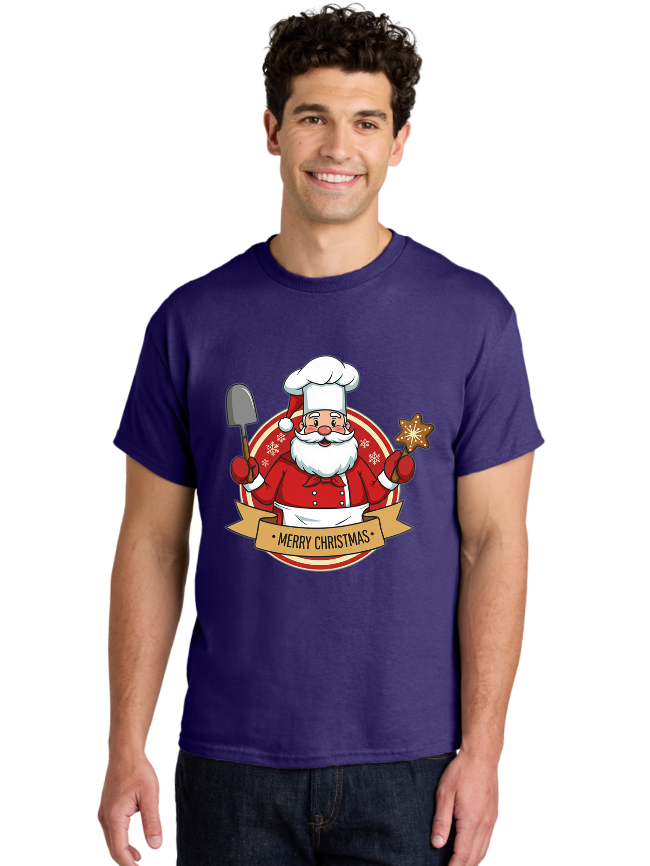 Merry-Christmas-Santa-1 Men'S Graphic Tee, 100% Cotton, Comfortable Casual Summer Wear, Machine Washable, Santa Claus As A Chef, Merry Christmas Banner, Gingerbread Star, Red And White Uniform, Snowflakes, Holiday Baking, Festive Season, Bac186