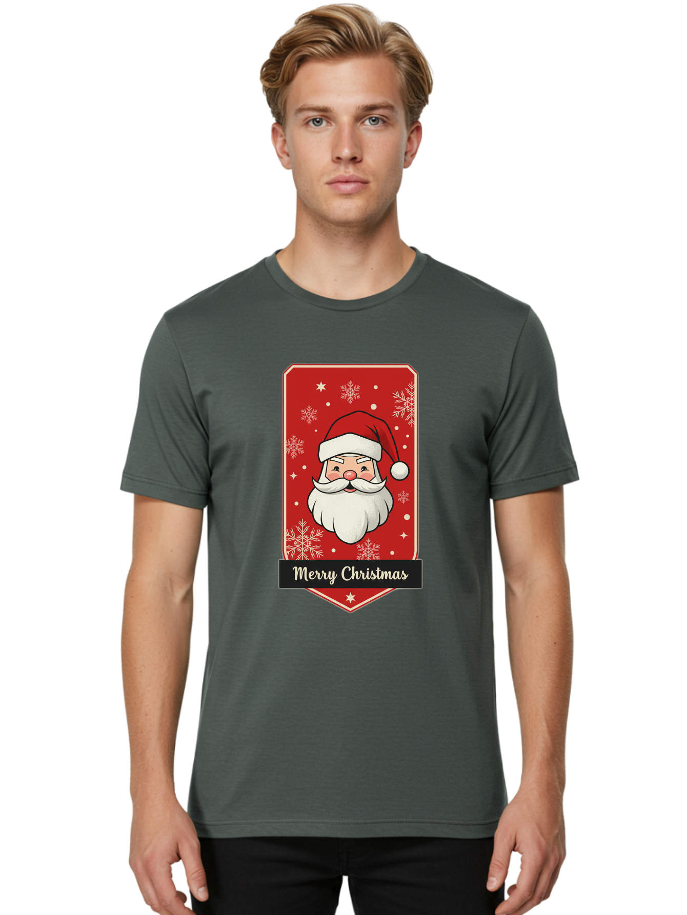 Merry-Christmas-Santa Men'S Graphic Tee, 100% Cotton, Comfortable Casual Summer Wear, Machine Washable, Christmas Badge, Merry Christmas, Santa Claus, Festive Design, Holiday Greeting, Cartoon Santa, Red And White, Snowflakes, Bac187