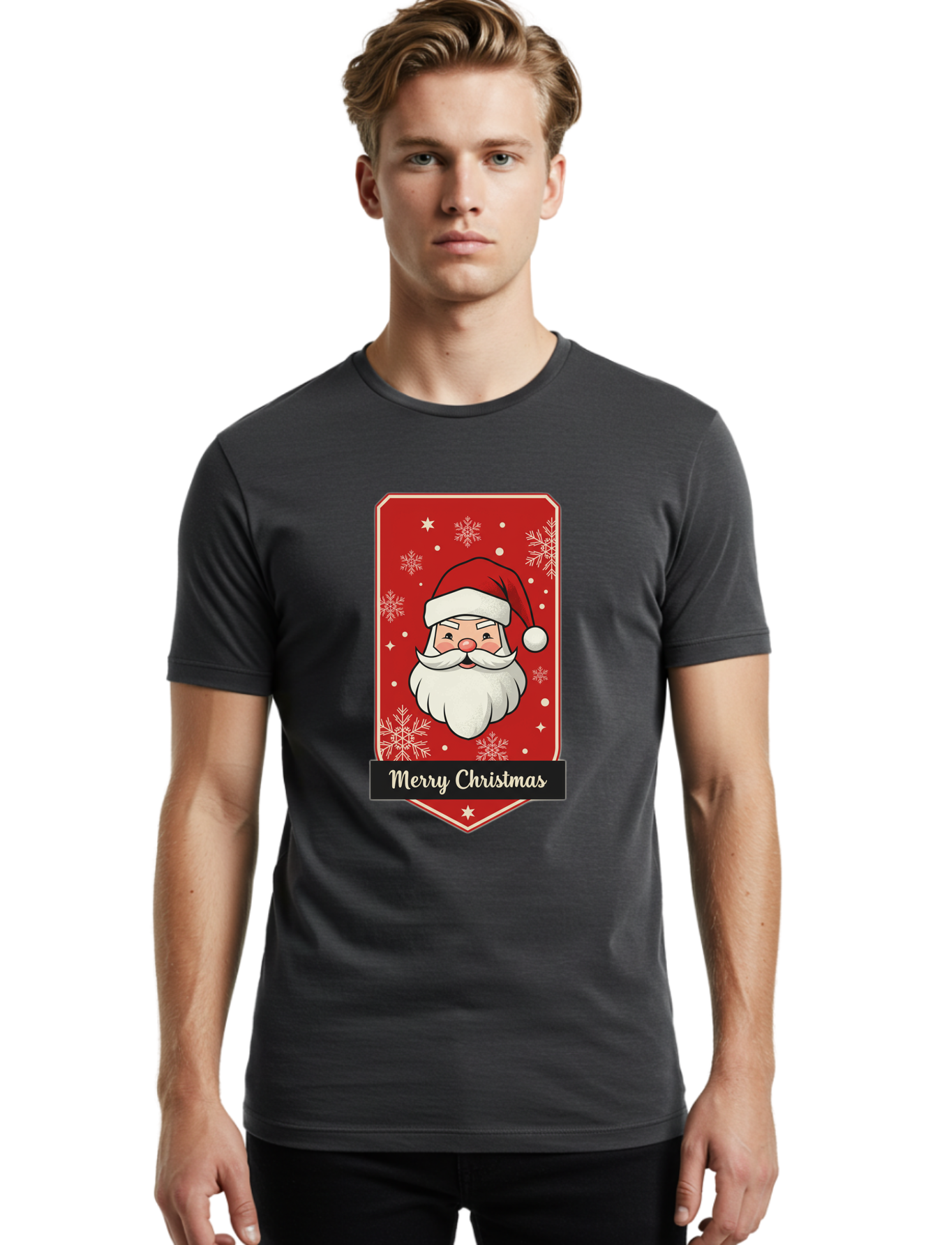Merry-Christmas-Santa Men'S Graphic Tee, 100% Cotton, Comfortable Casual Summer Wear, Machine Washable, Christmas Badge, Merry Christmas, Santa Claus, Festive Design, Holiday Greeting, Cartoon Santa, Red And White, Snowflakes, Bac187