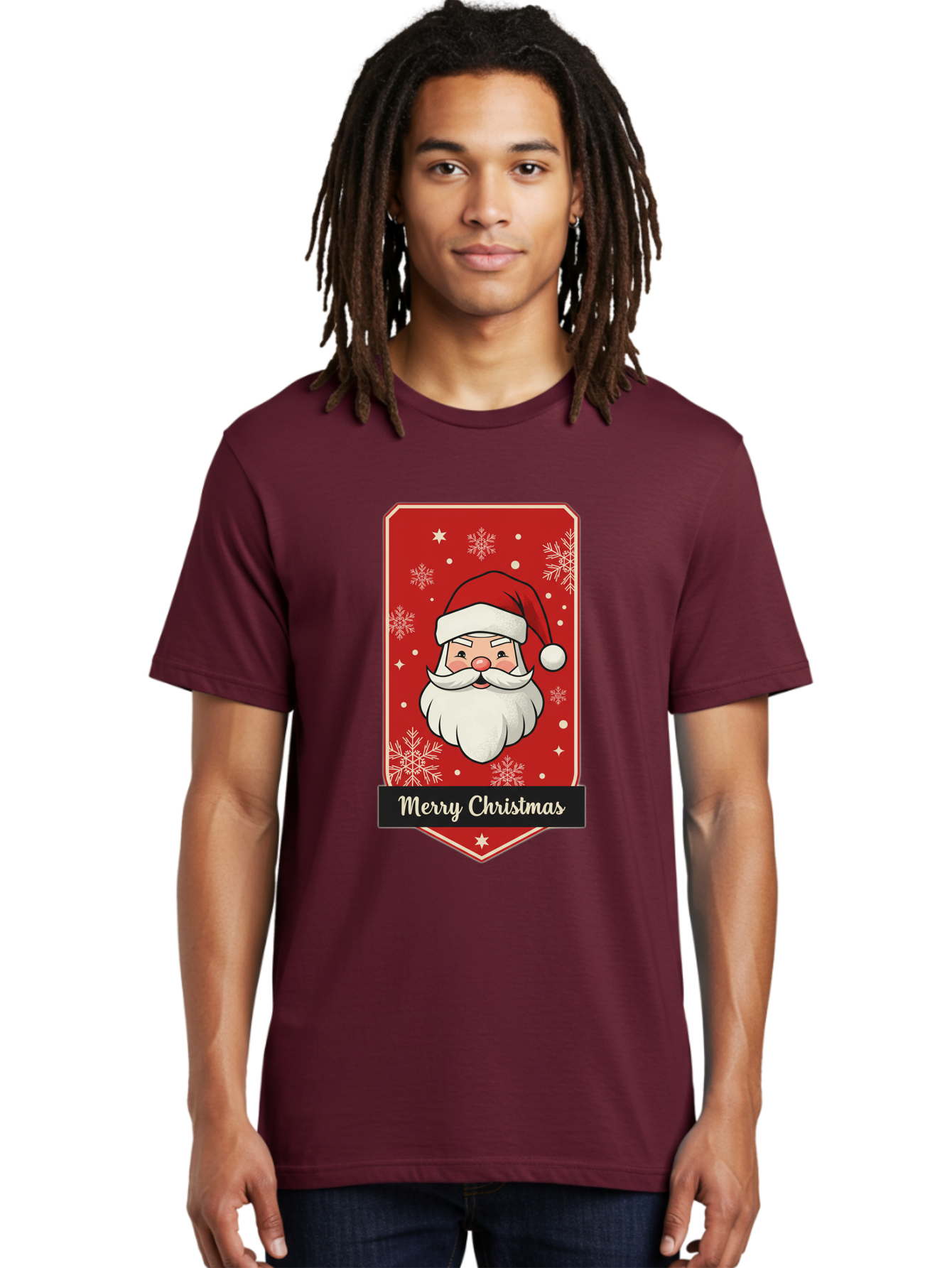 Merry-Christmas-Santa Men'S Graphic Tee, 100% Cotton, Comfortable Casual Summer Wear, Machine Washable, Christmas Badge, Merry Christmas, Santa Claus, Festive Design, Holiday Greeting, Cartoon Santa, Red And White, Snowflakes, Bac187
