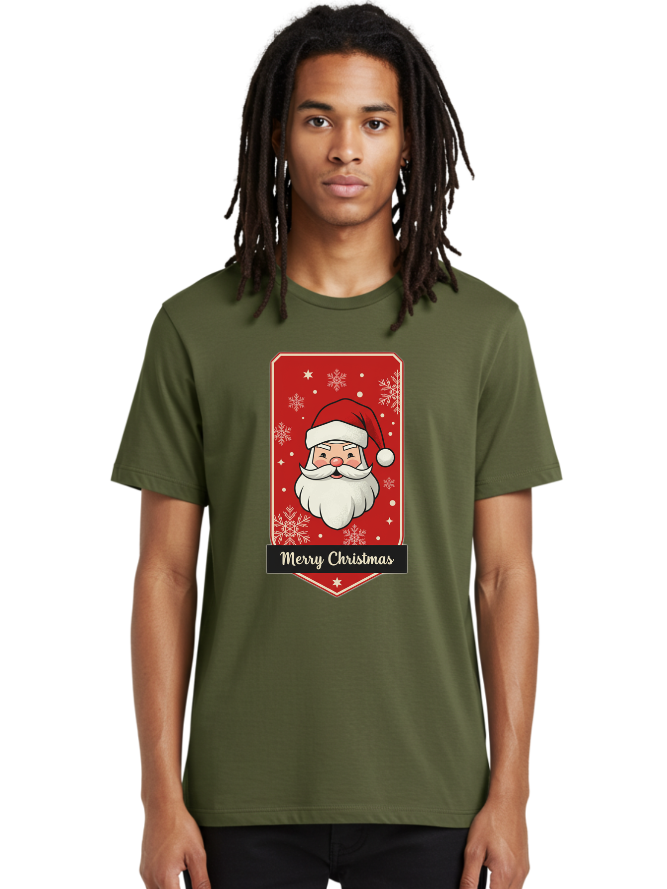 Merry-Christmas-Santa Men'S Graphic Tee, 100% Cotton, Comfortable Casual Summer Wear, Machine Washable, Christmas Badge, Merry Christmas, Santa Claus, Festive Design, Holiday Greeting, Cartoon Santa, Red And White, Snowflakes, Bac187