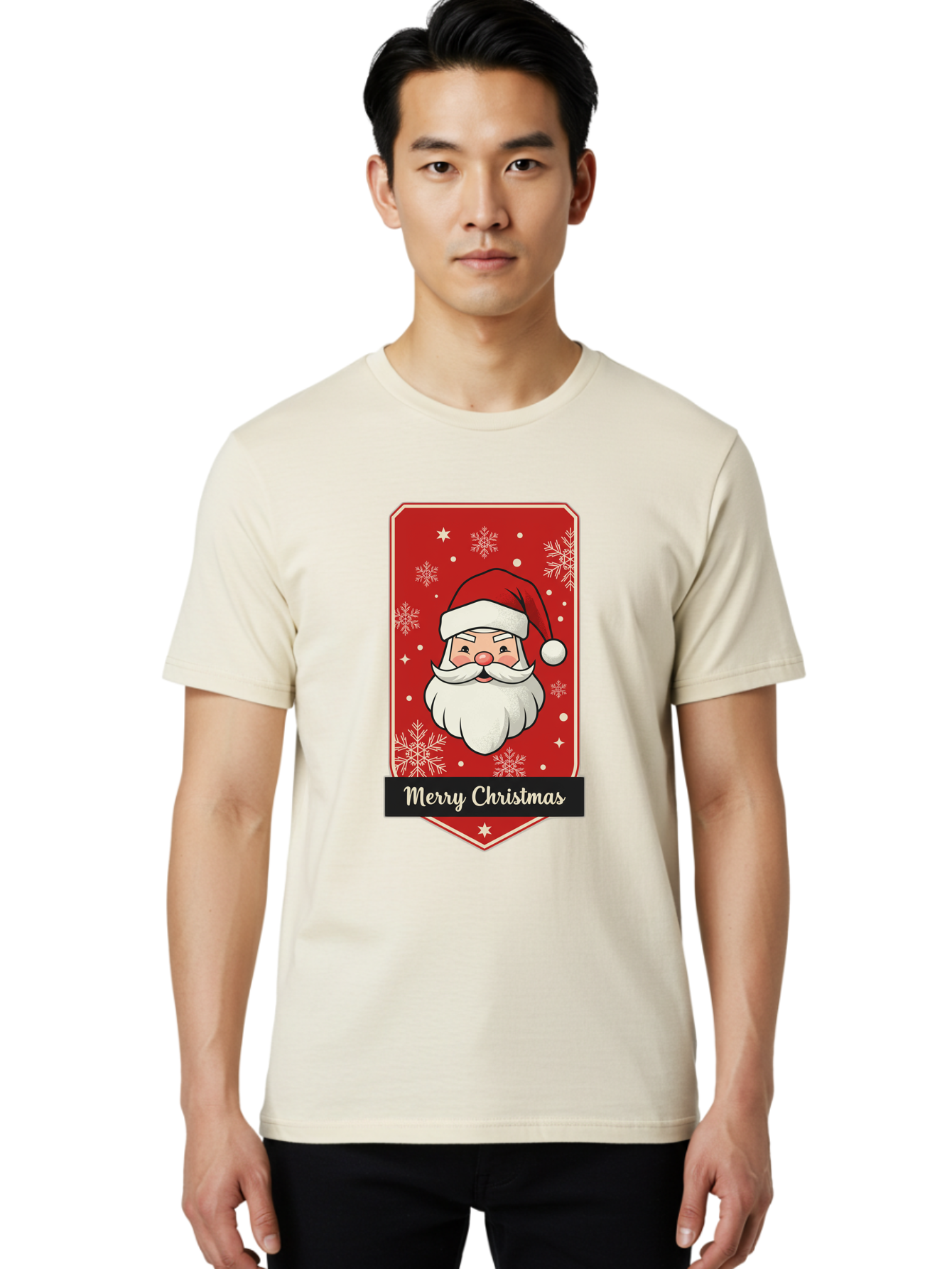Merry-Christmas-Santa Men'S Graphic Tee, 100% Cotton, Comfortable Casual Summer Wear, Machine Washable, Christmas Badge, Merry Christmas, Santa Claus, Festive Design, Holiday Greeting, Cartoon Santa, Red And White, Snowflakes, Bac187