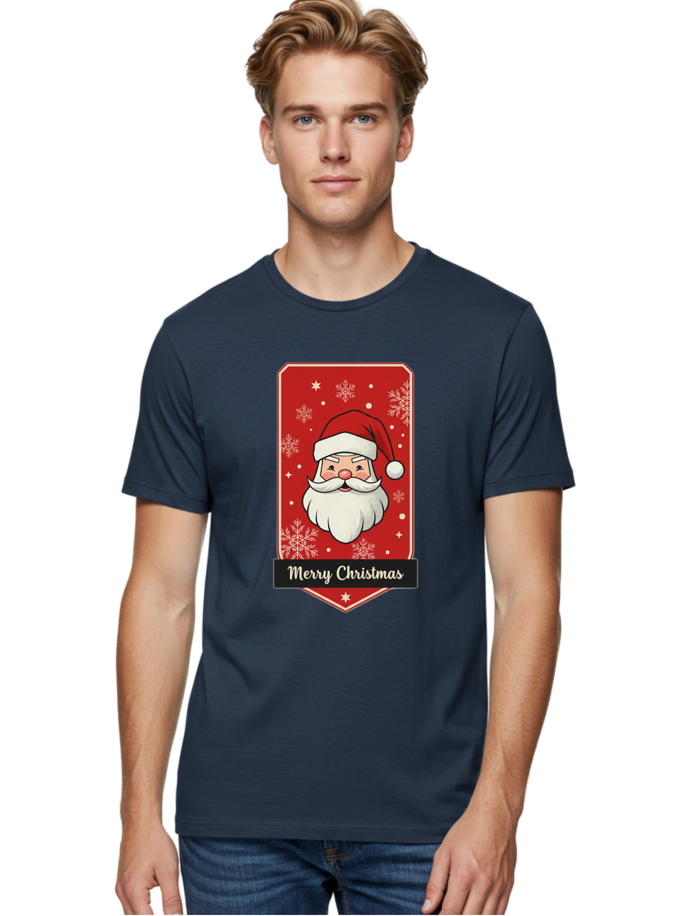 Merry-Christmas-Santa Men'S Graphic Tee, 100% Cotton, Comfortable Casual Summer Wear, Machine Washable, Christmas Badge, Merry Christmas, Santa Claus, Festive Design, Holiday Greeting, Cartoon Santa, Red And White, Snowflakes, Bac187