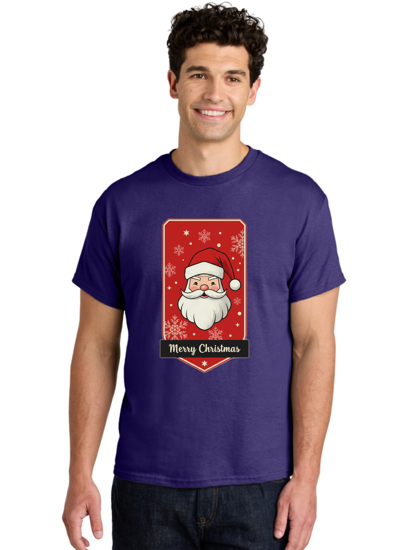 Merry-Christmas-Santa Men'S Graphic Tee, 100% Cotton, Comfortable Casual Summer Wear, Machine Washable, Christmas Badge, Merry Christmas, Santa Claus, Festive Design, Holiday Greeting, Cartoon Santa, Red And White, Snowflakes, Bac187