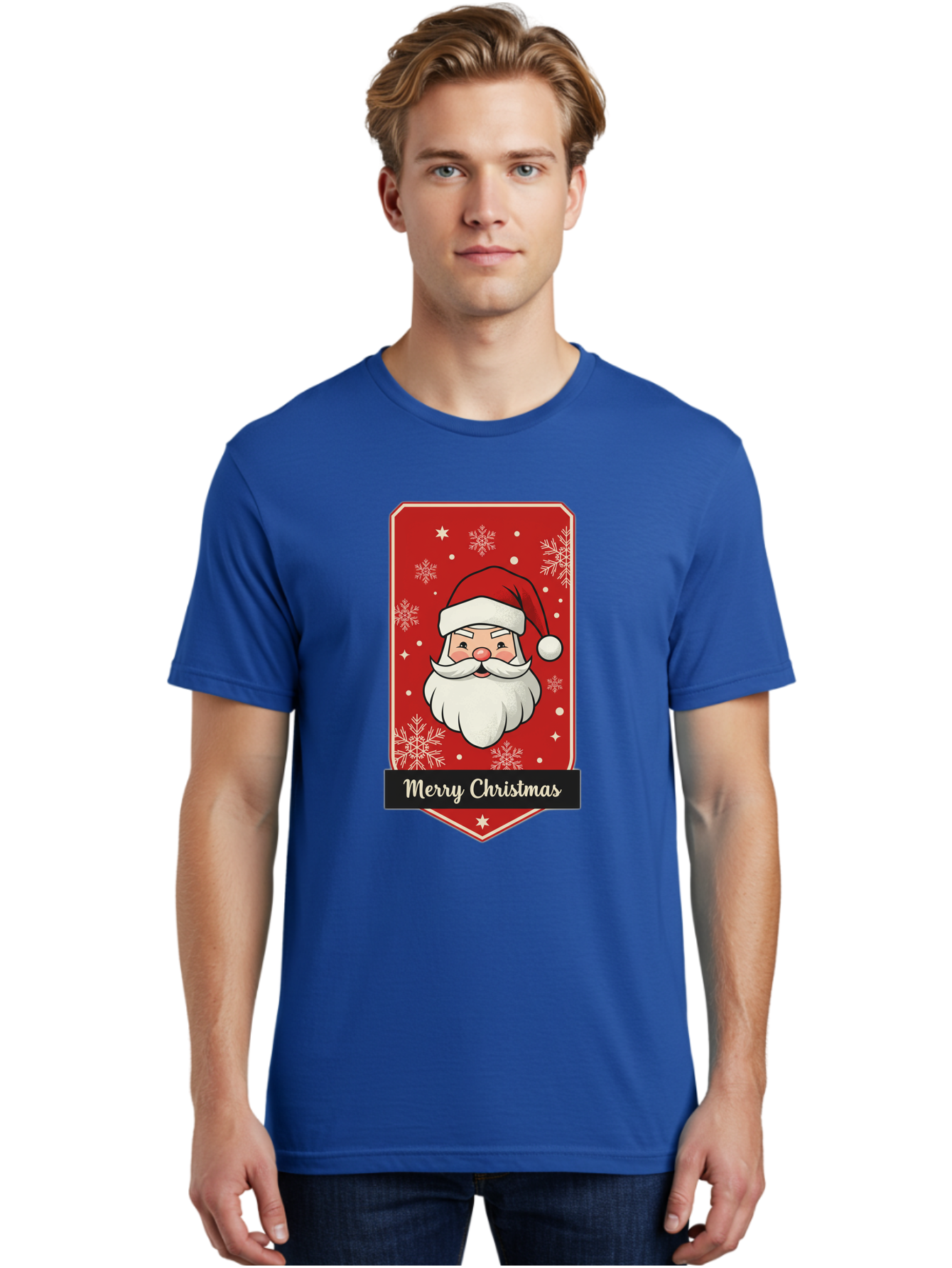 Merry-Christmas-Santa Men'S Graphic Tee, 100% Cotton, Comfortable Casual Summer Wear, Machine Washable, Christmas Badge, Merry Christmas, Santa Claus, Festive Design, Holiday Greeting, Cartoon Santa, Red And White, Snowflakes, Bac187