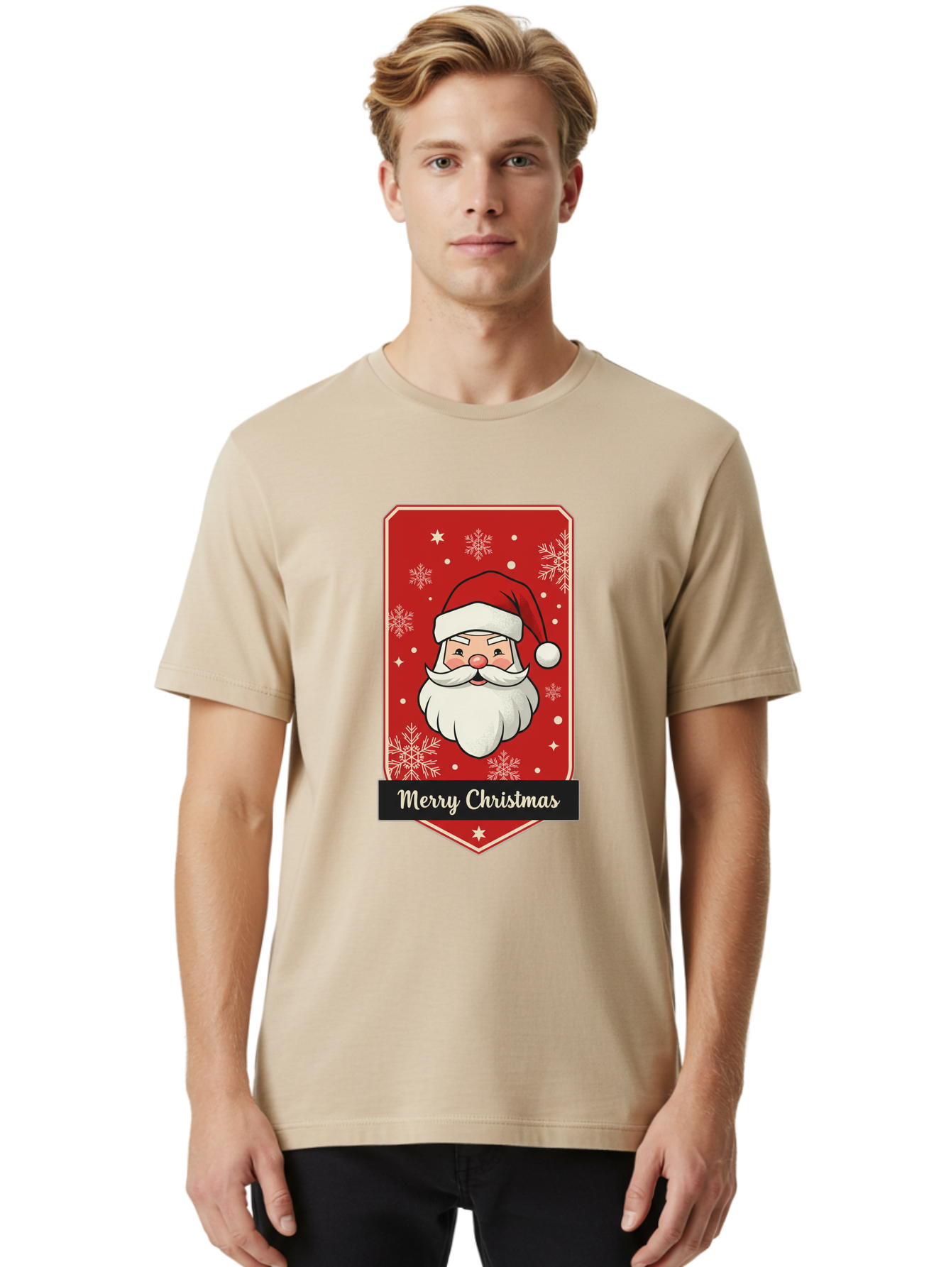 Merry-Christmas-Santa Men'S Graphic Tee, 100% Cotton, Comfortable Casual Summer Wear, Machine Washable, Christmas Badge, Merry Christmas, Santa Claus, Festive Design, Holiday Greeting, Cartoon Santa, Red And White, Snowflakes, Bac187