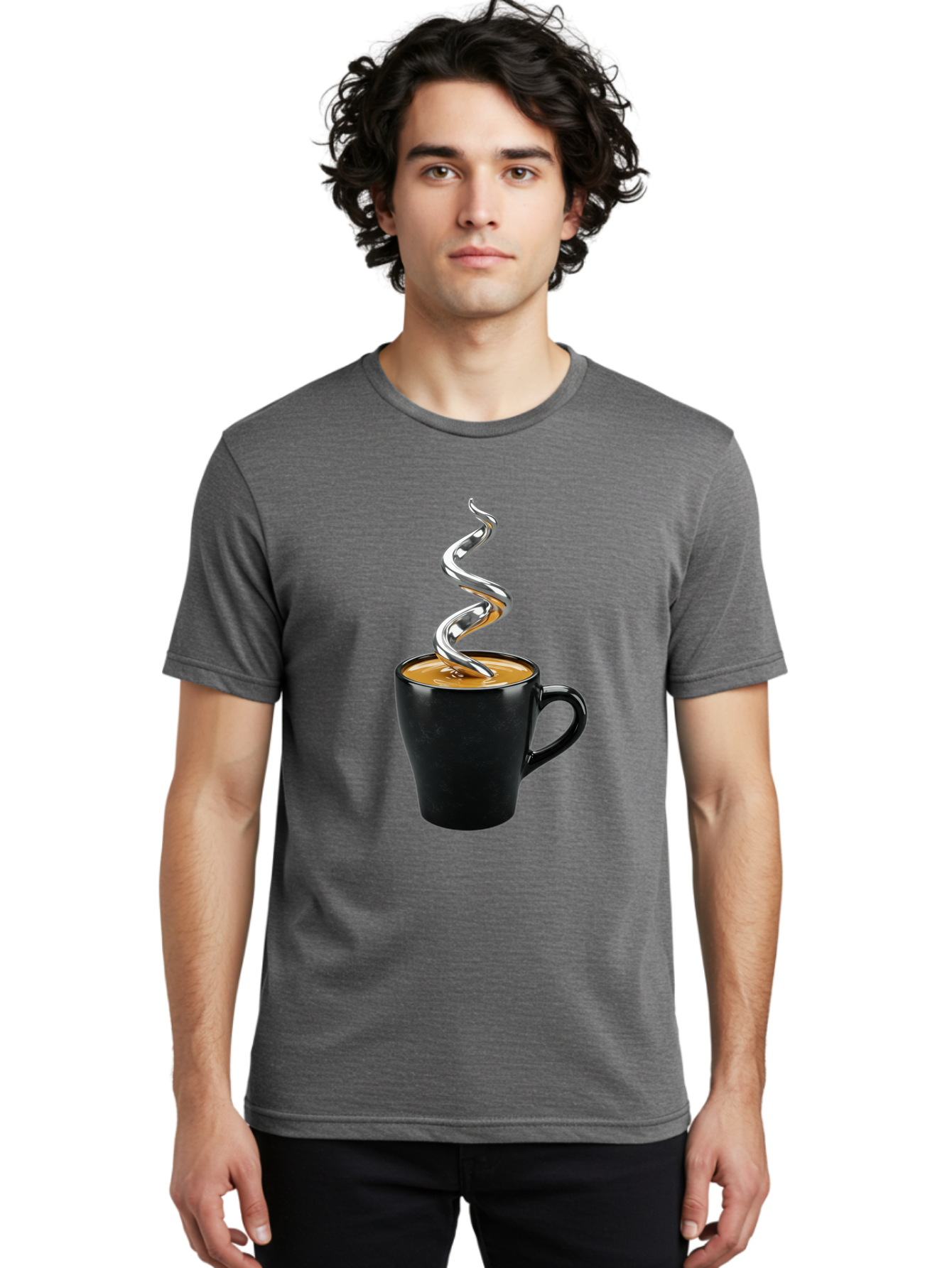 Metal-Steam-Coffee Men'S Graphic Tee, 100% Cotton, Comfortable Casual Summer Wear, Machine Washable, Coffee Cup, Black Mug, Brown Coffee, Spiral Steam, Silver Steam, Morning Coffee, Coffee Break, Hot Coffee, Caffeine Boost Bac188