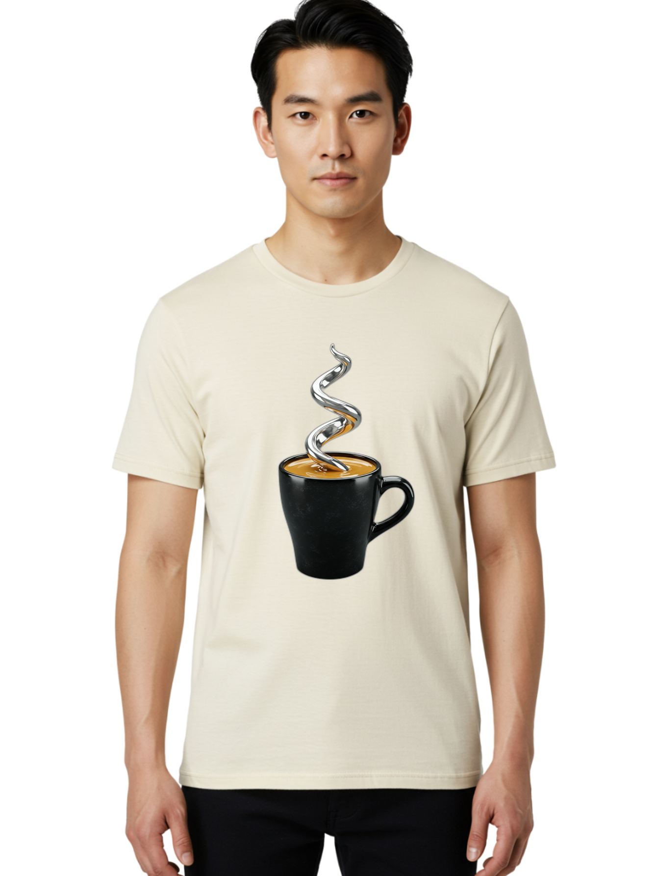 Metal-Steam-Coffee Men'S Graphic Tee, 100% Cotton, Comfortable Casual Summer Wear, Machine Washable, Coffee Cup, Black Mug, Brown Coffee, Spiral Steam, Silver Steam, Morning Coffee, Coffee Break, Hot Coffee, Caffeine Boost Bac188