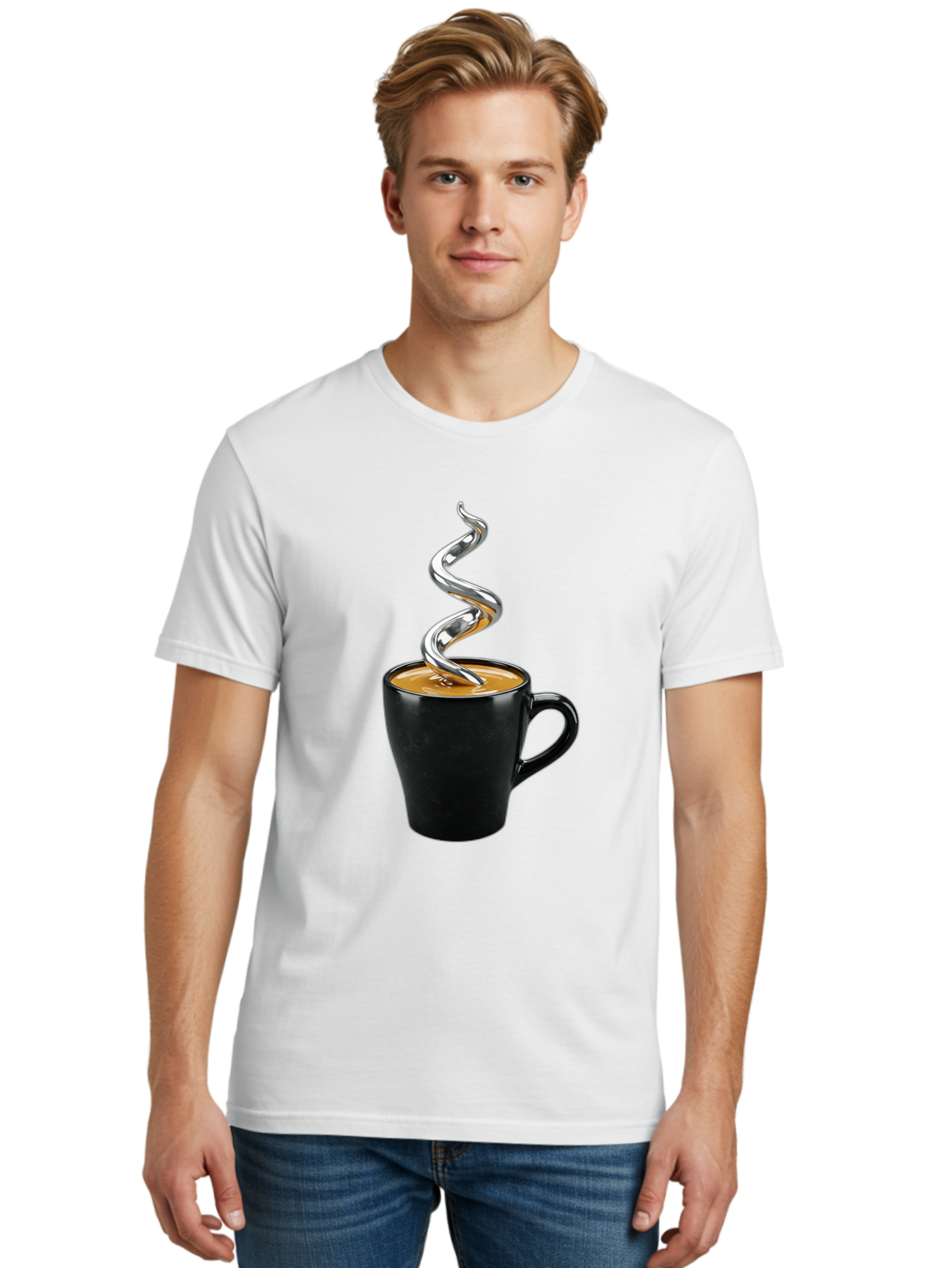 Metal-Steam-Coffee Men'S Graphic Tee, 100% Cotton, Comfortable Casual Summer Wear, Machine Washable, Coffee Cup, Black Mug, Brown Coffee, Spiral Steam, Silver Steam, Morning Coffee, Coffee Break, Hot Coffee, Caffeine Boost Bac188
