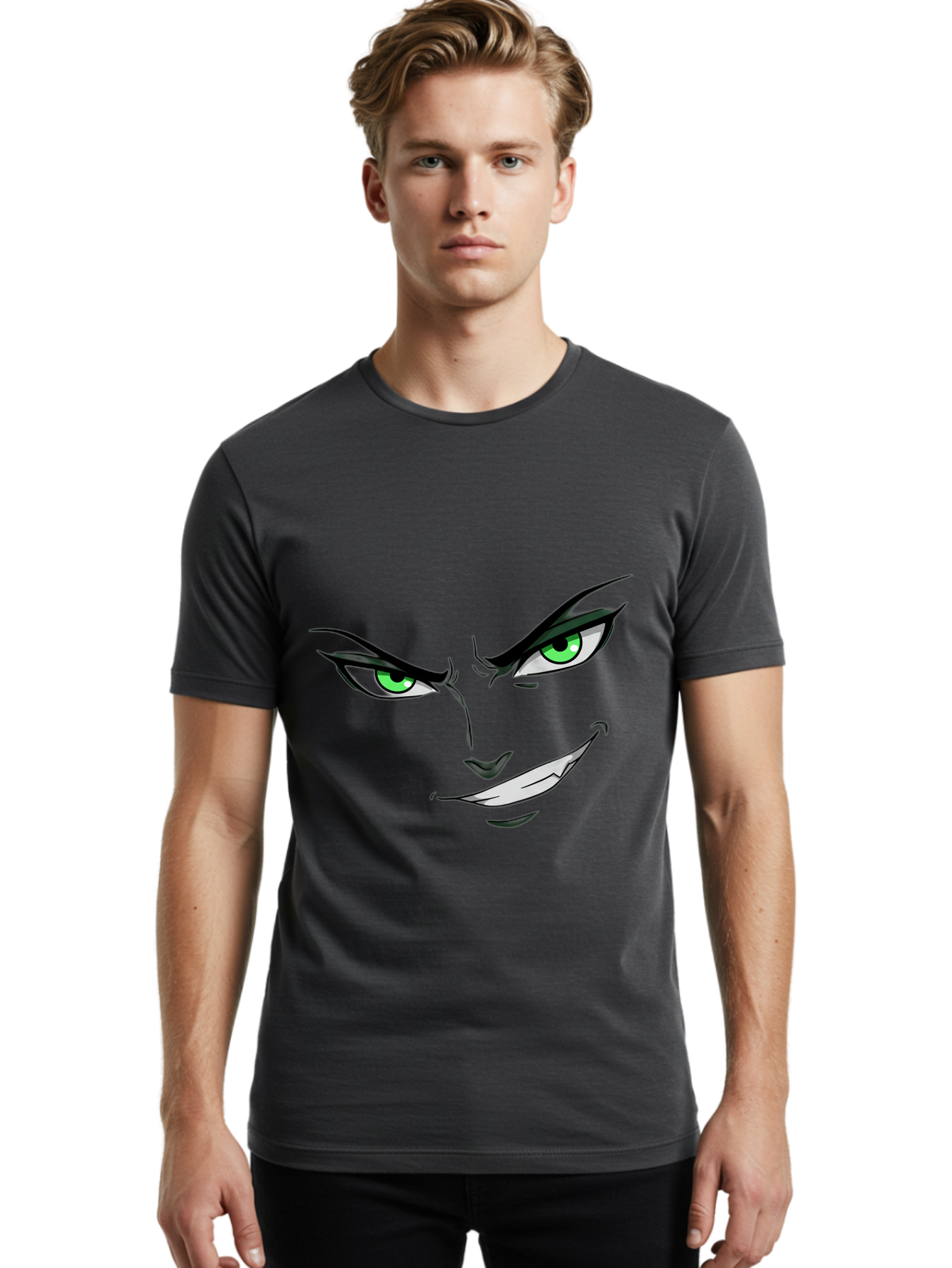 Mischievous-Face Men'S Graphic Tee, 100% Cotton, Comfortable Casual Summer Wear, Machine Washable, Cartoon Joker Face, Evil Grin, Menacing Stare, Green Eyes, Black Eyeliner, Comic Book Style, Villainous Character, Sinister Smile, Playful Tone, Bac189