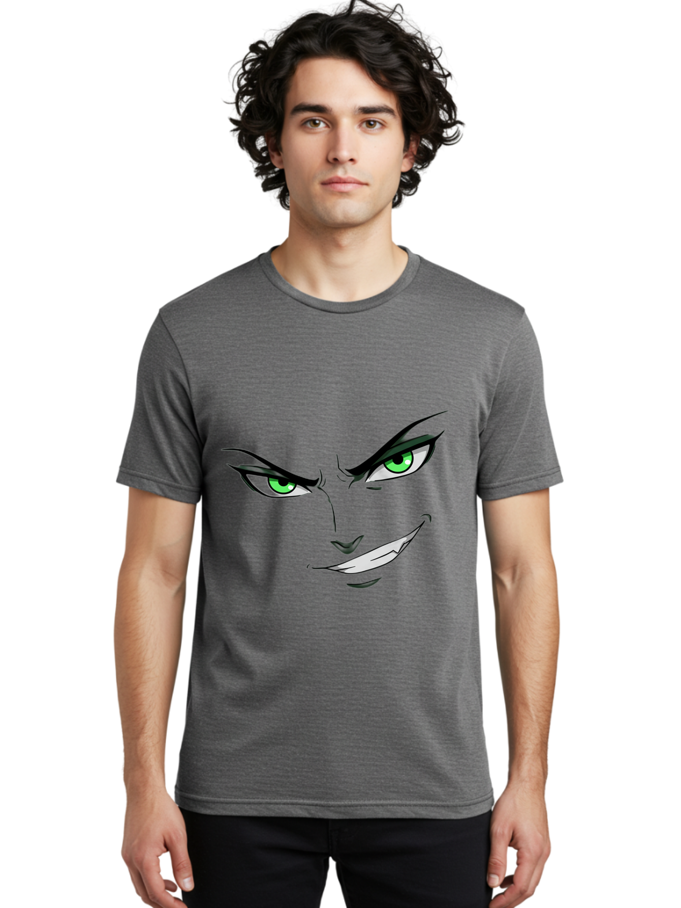 Mischievous-Face Men'S Graphic Tee, 100% Cotton, Comfortable Casual Summer Wear, Machine Washable, Cartoon Joker Face, Evil Grin, Menacing Stare, Green Eyes, Black Eyeliner, Comic Book Style, Villainous Character, Sinister Smile, Playful Tone, Bac189