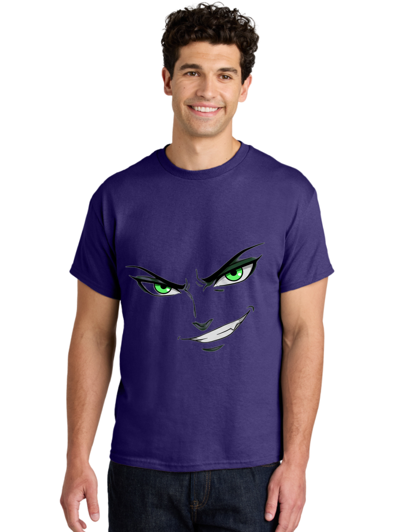 Mischievous-Face Men'S Graphic Tee, 100% Cotton, Comfortable Casual Summer Wear, Machine Washable, Cartoon Joker Face, Evil Grin, Menacing Stare, Green Eyes, Black Eyeliner, Comic Book Style, Villainous Character, Sinister Smile, Playful Tone, Bac189
