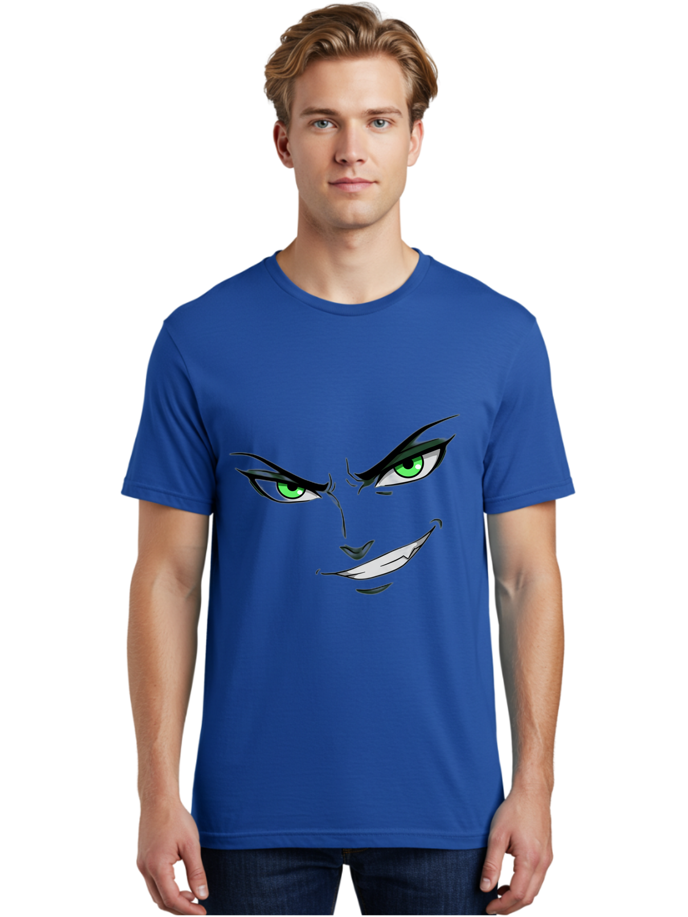 Mischievous-Face Men'S Graphic Tee, 100% Cotton, Comfortable Casual Summer Wear, Machine Washable, Cartoon Joker Face, Evil Grin, Menacing Stare, Green Eyes, Black Eyeliner, Comic Book Style, Villainous Character, Sinister Smile, Playful Tone, Bac189