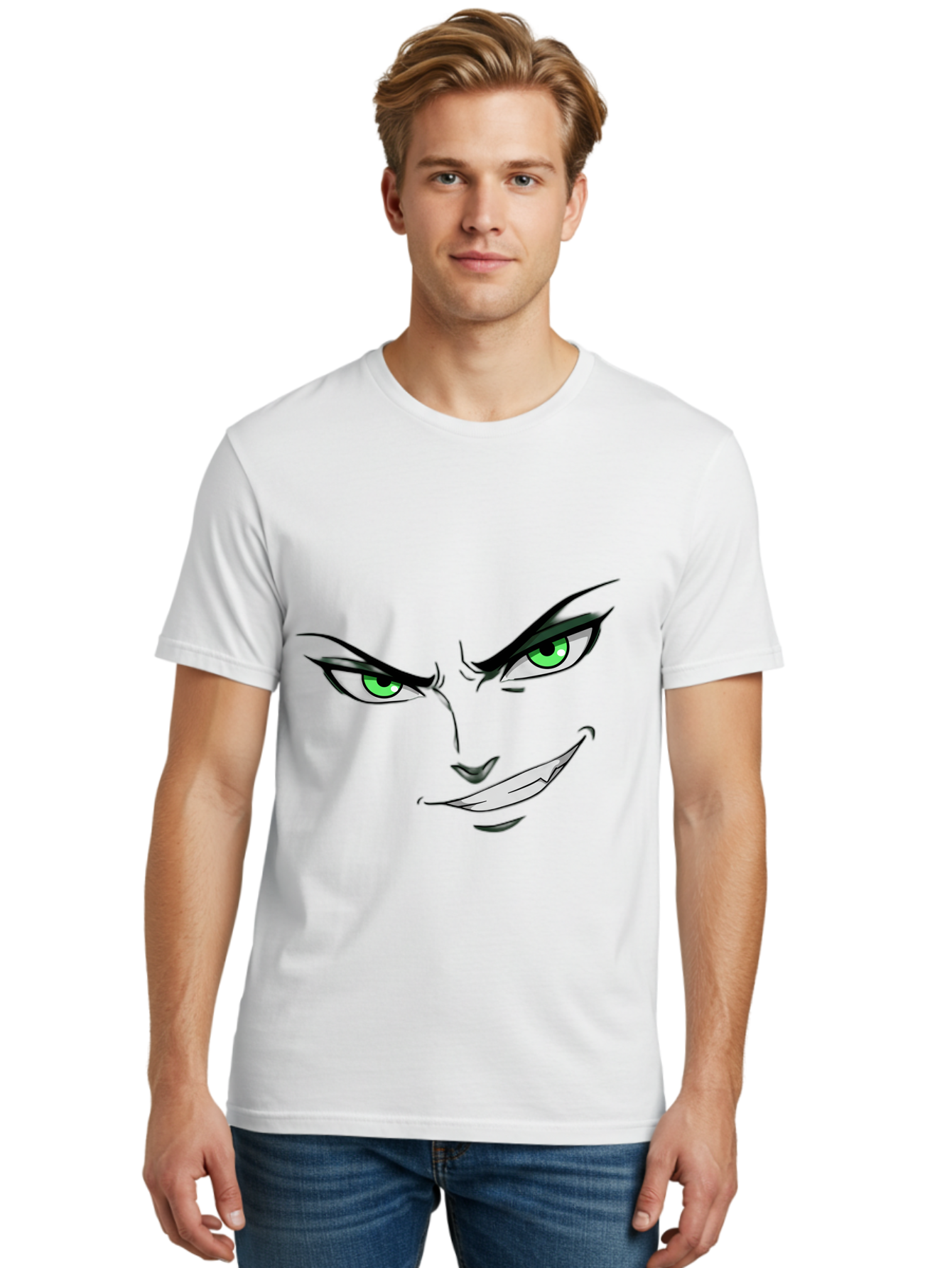 Mischievous-Face Men'S Graphic Tee, 100% Cotton, Comfortable Casual Summer Wear, Machine Washable, Cartoon Joker Face, Evil Grin, Menacing Stare, Green Eyes, Black Eyeliner, Comic Book Style, Villainous Character, Sinister Smile, Playful Tone, Bac189